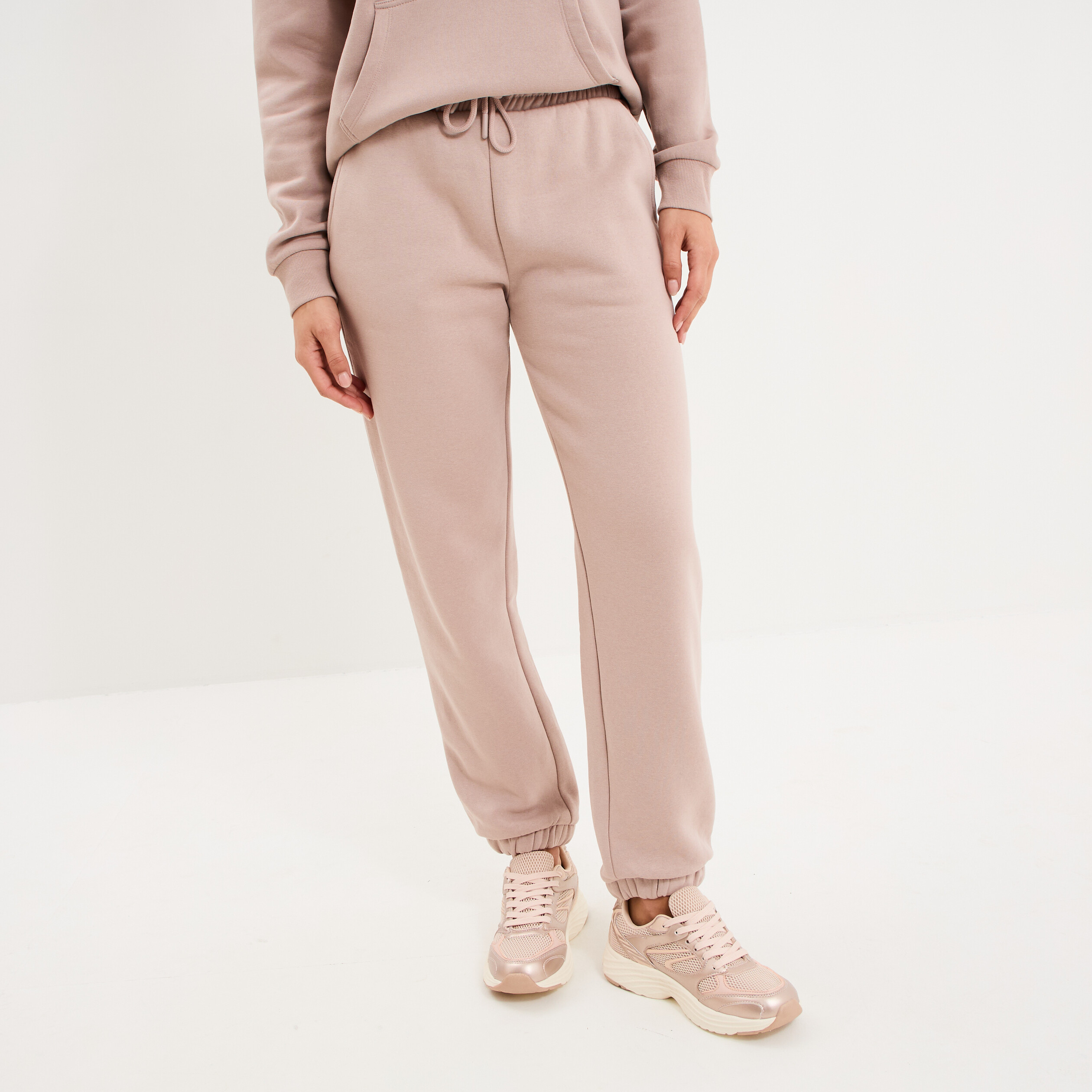 Pantalon jogging droit molleton marron clair femme