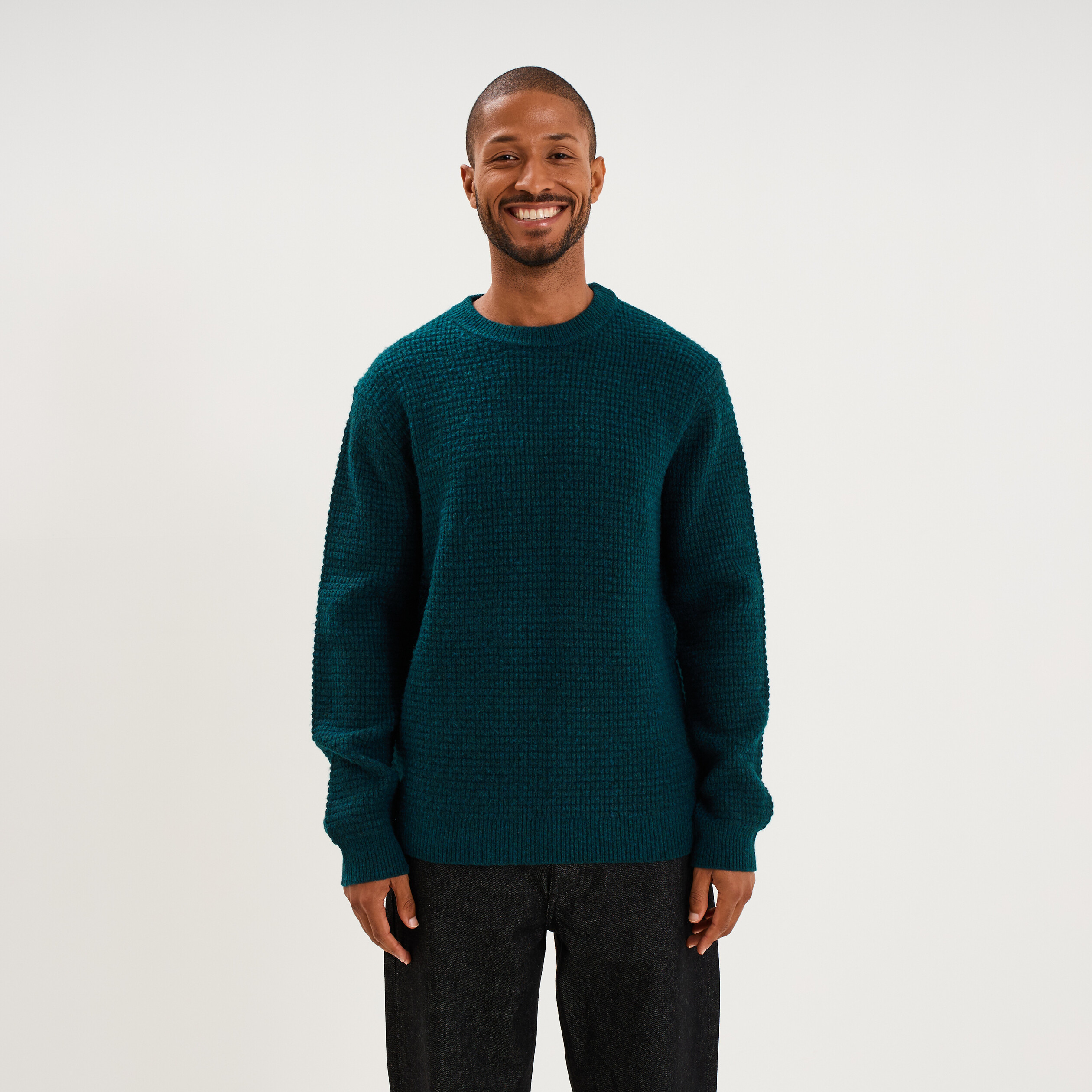Pull col rond manches longues bleu canard homme