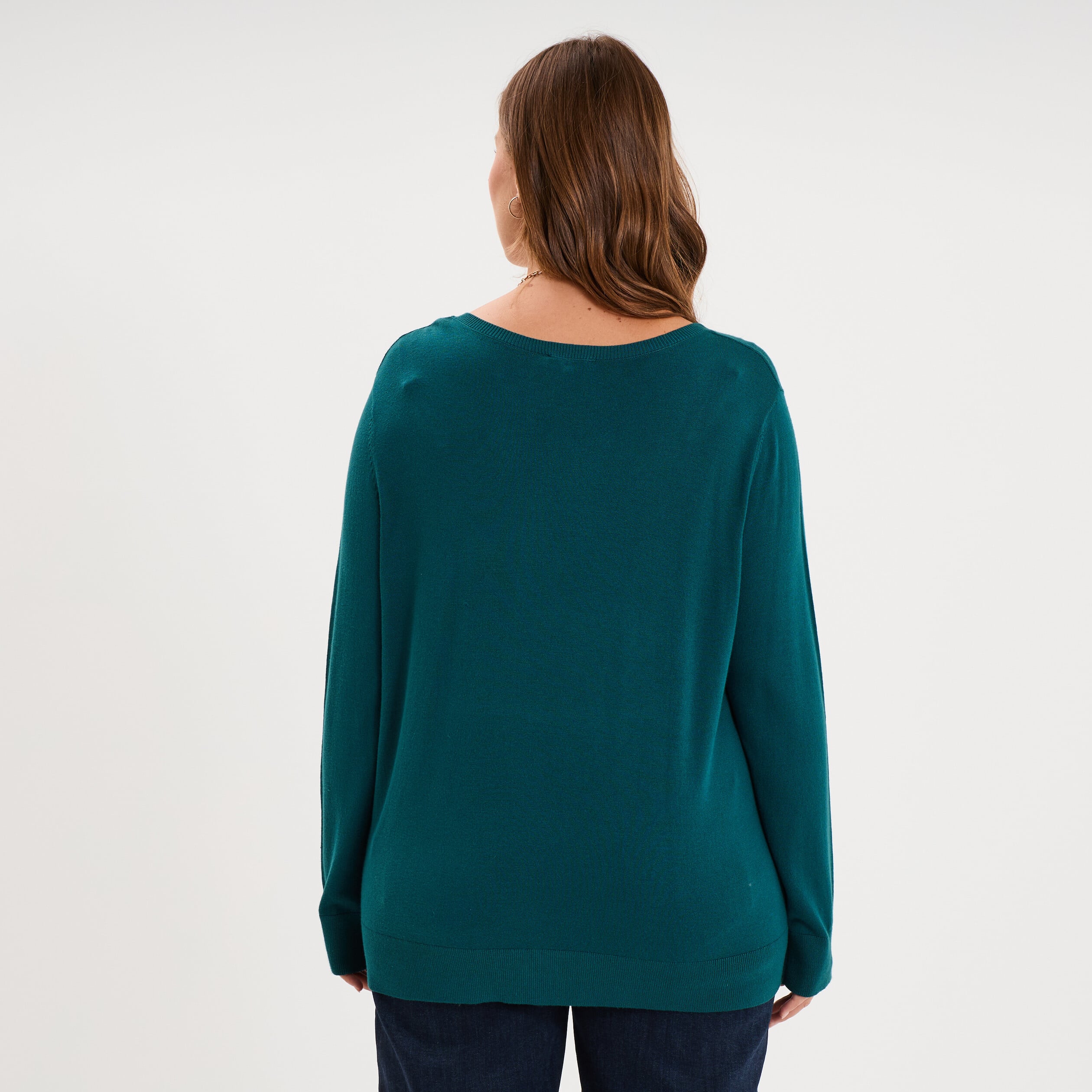 Pull fin col en V manches longues vert fonc&eacute; femme grande taille