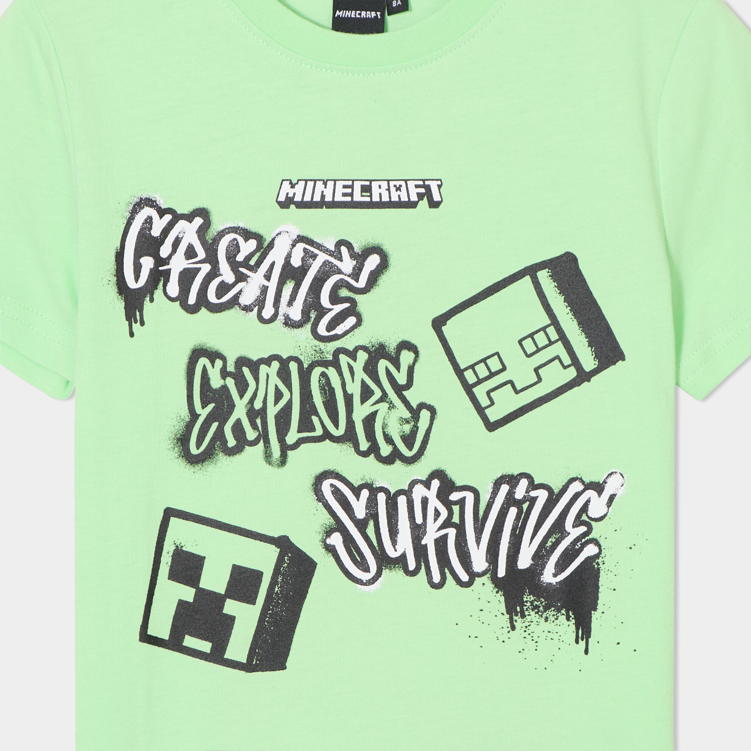 t shirt manches courtes coton minecraft vert fluo garcon T-shirt manches courtes coton Minecraft vert fluo garçon