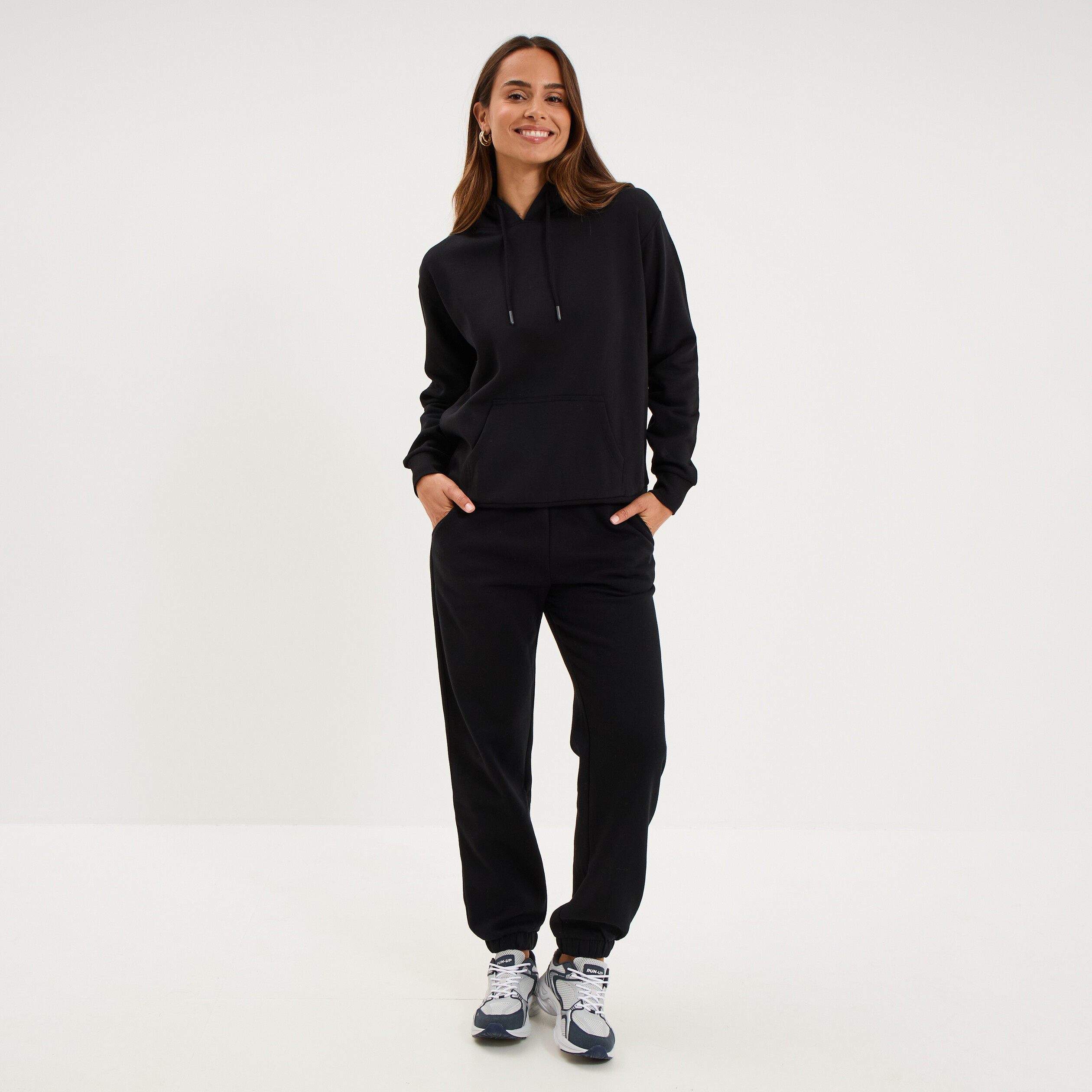 Pantalon jogging droit molleton noir femme