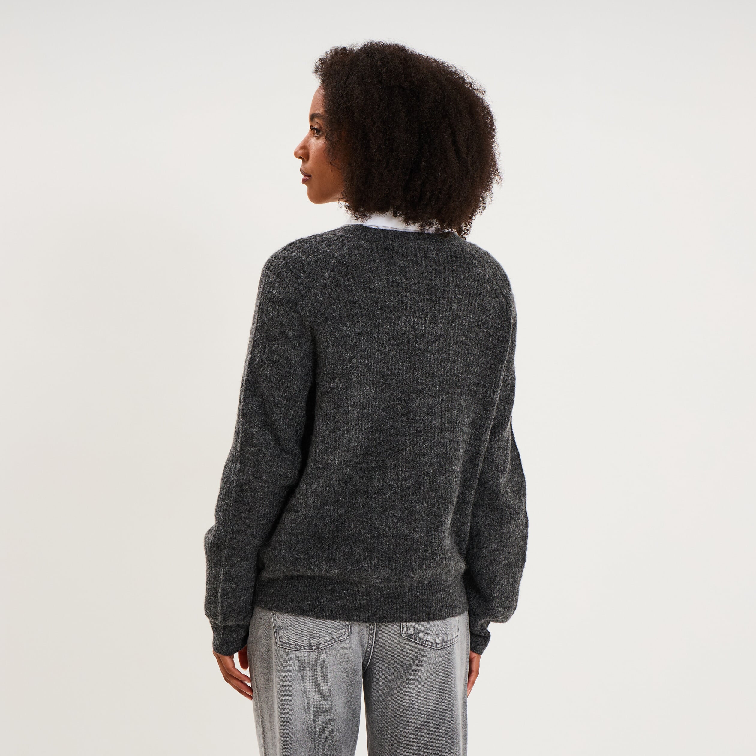 Pull col rond manches longues gris fonc&eacute; femme