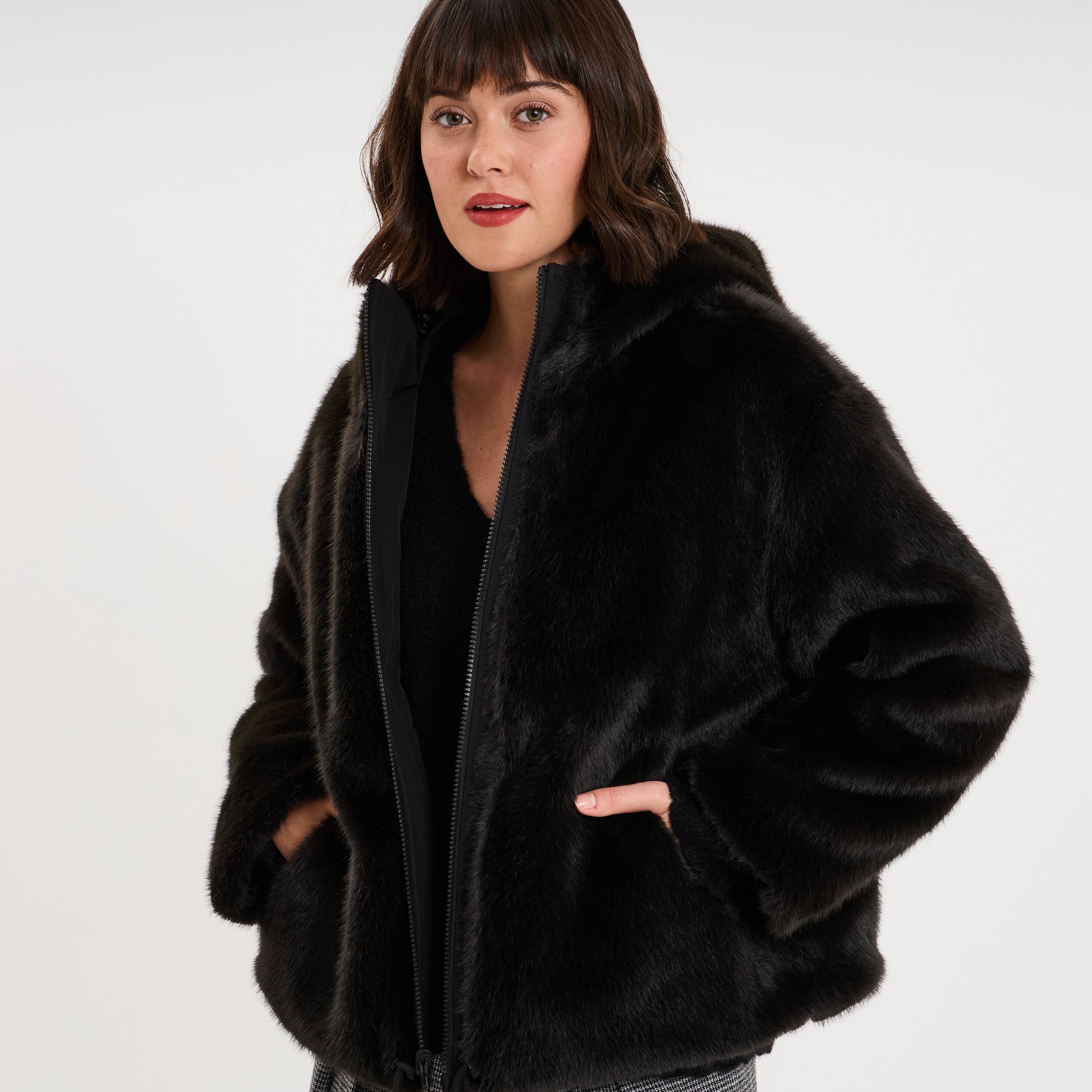 Parka r&eacute;versible capuche fausse fourrure noir femme