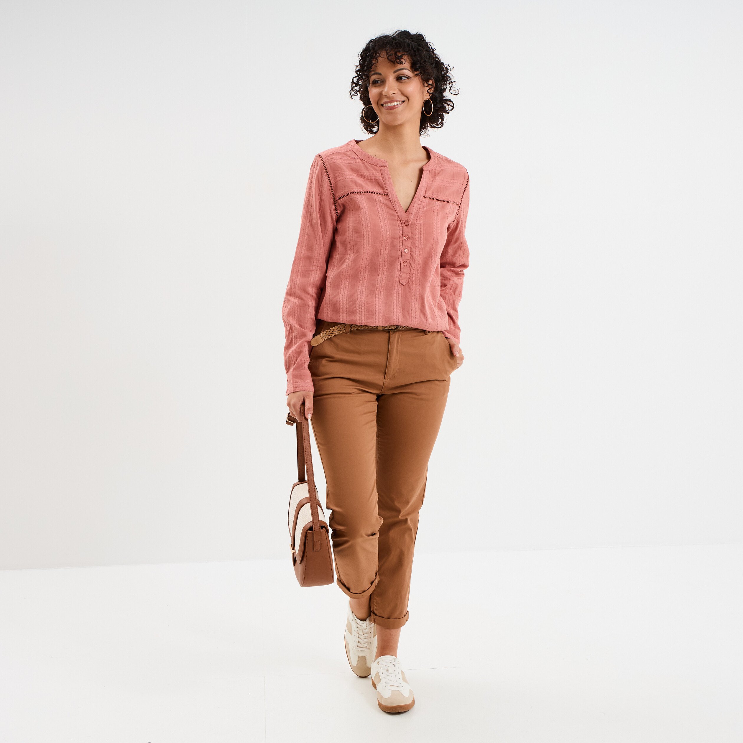 pantalon chino 78eme ceinture tressee marron clair femme Pantalon chino 7/8ème ceinture tressée marron clair femme