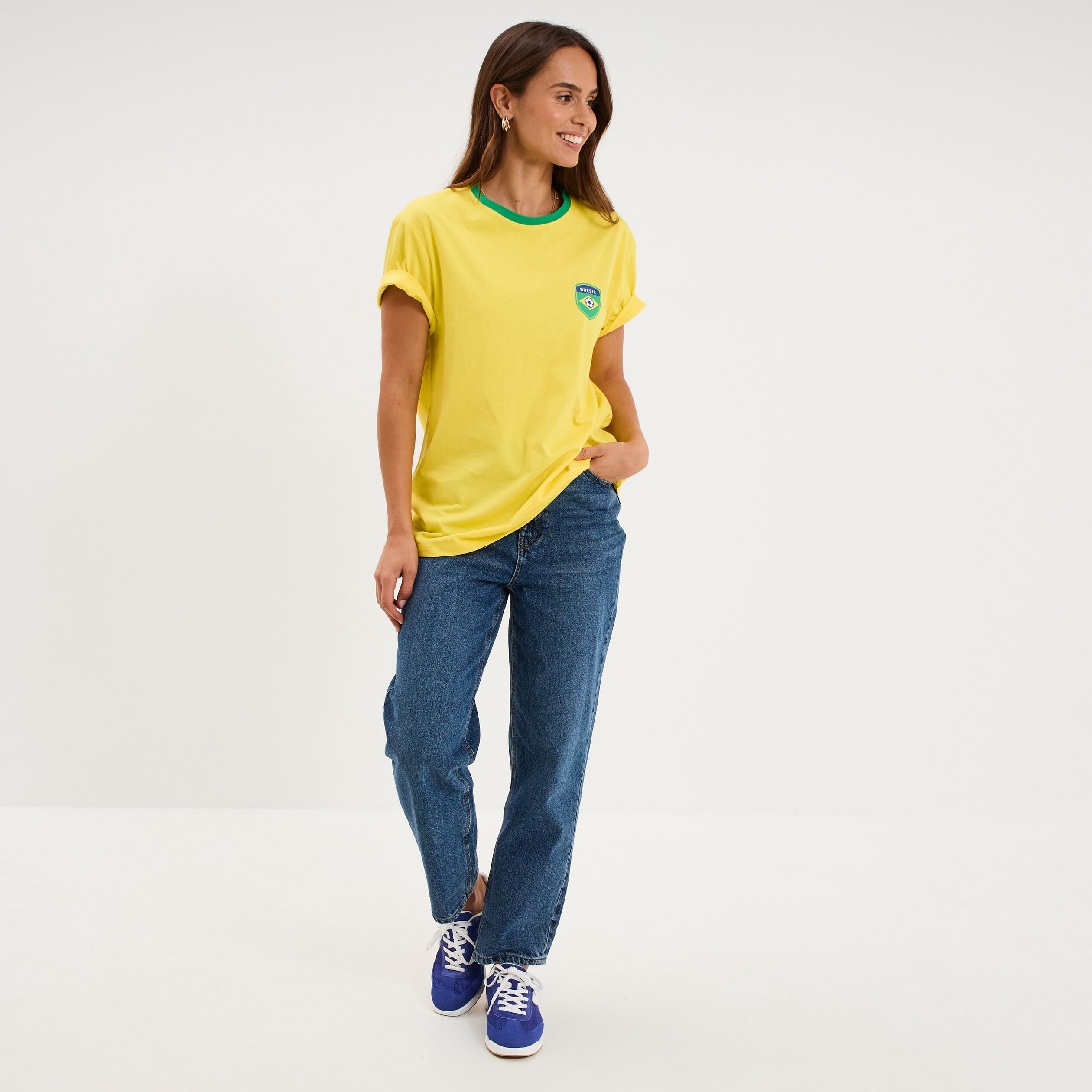 T-shirt maillot de football Br&eacute;sil coton jaune mixte