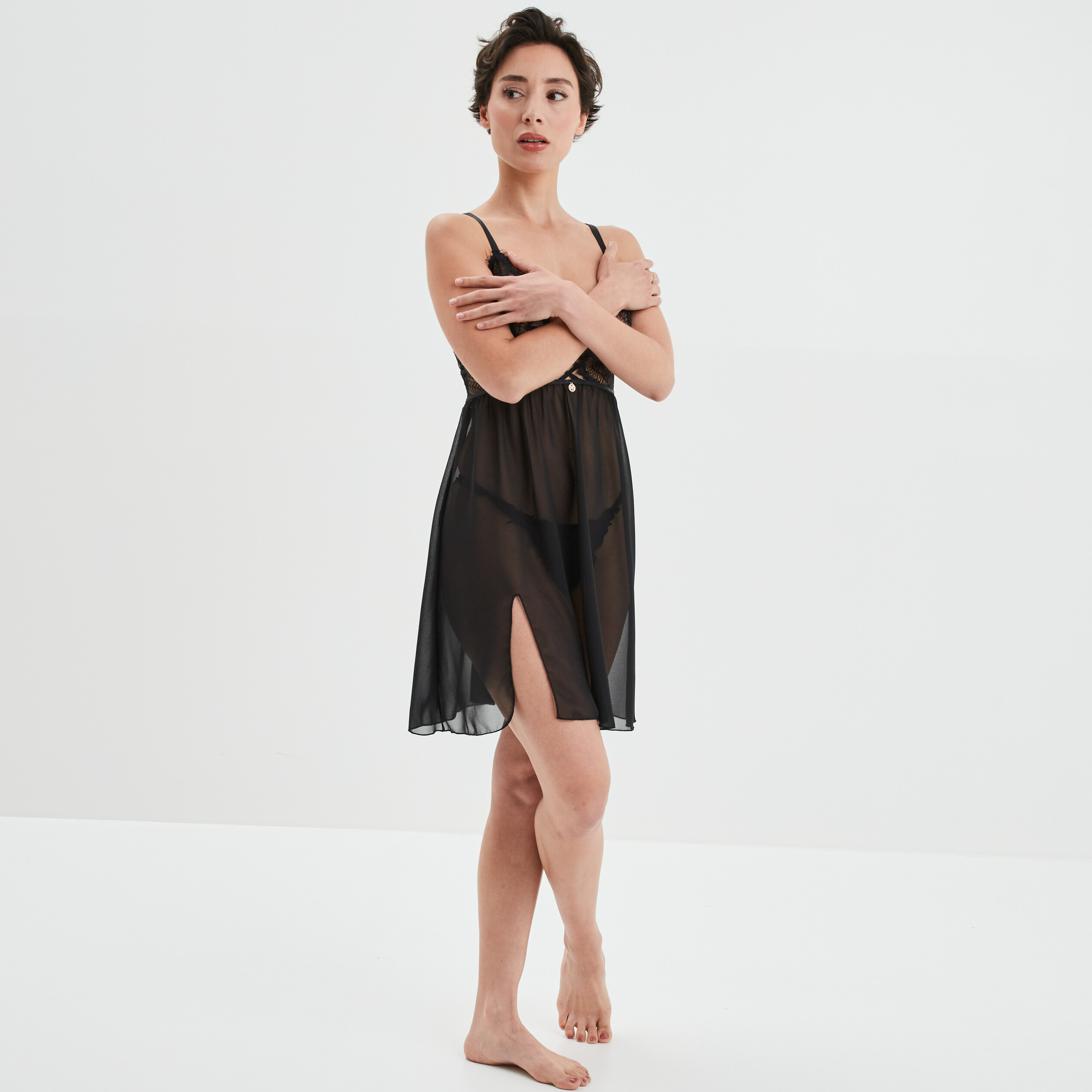 Nuisette dentelle et voile Mosquitos noir femme
