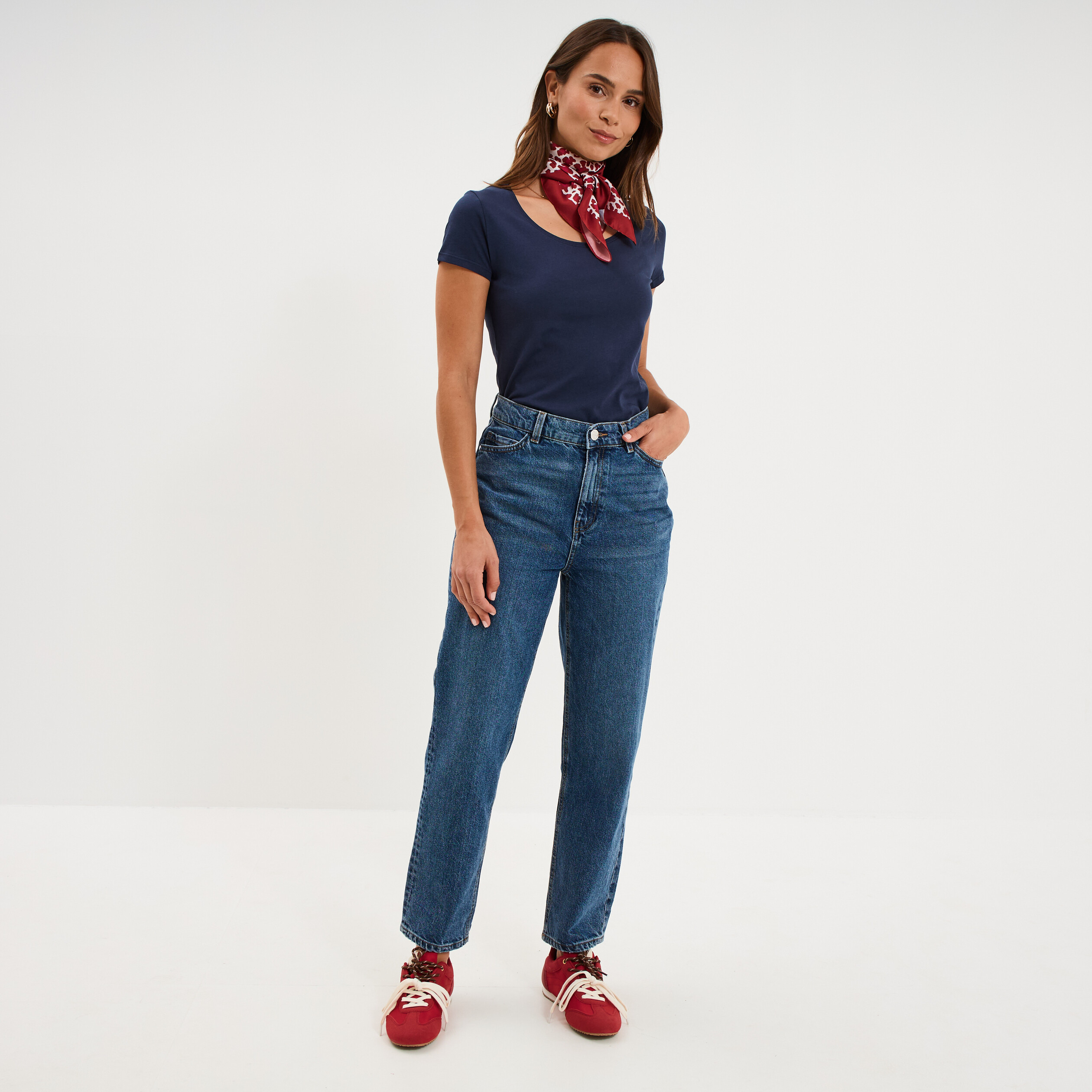 T-shirt coton col rond manches courtes bleu marine femme | La Halle