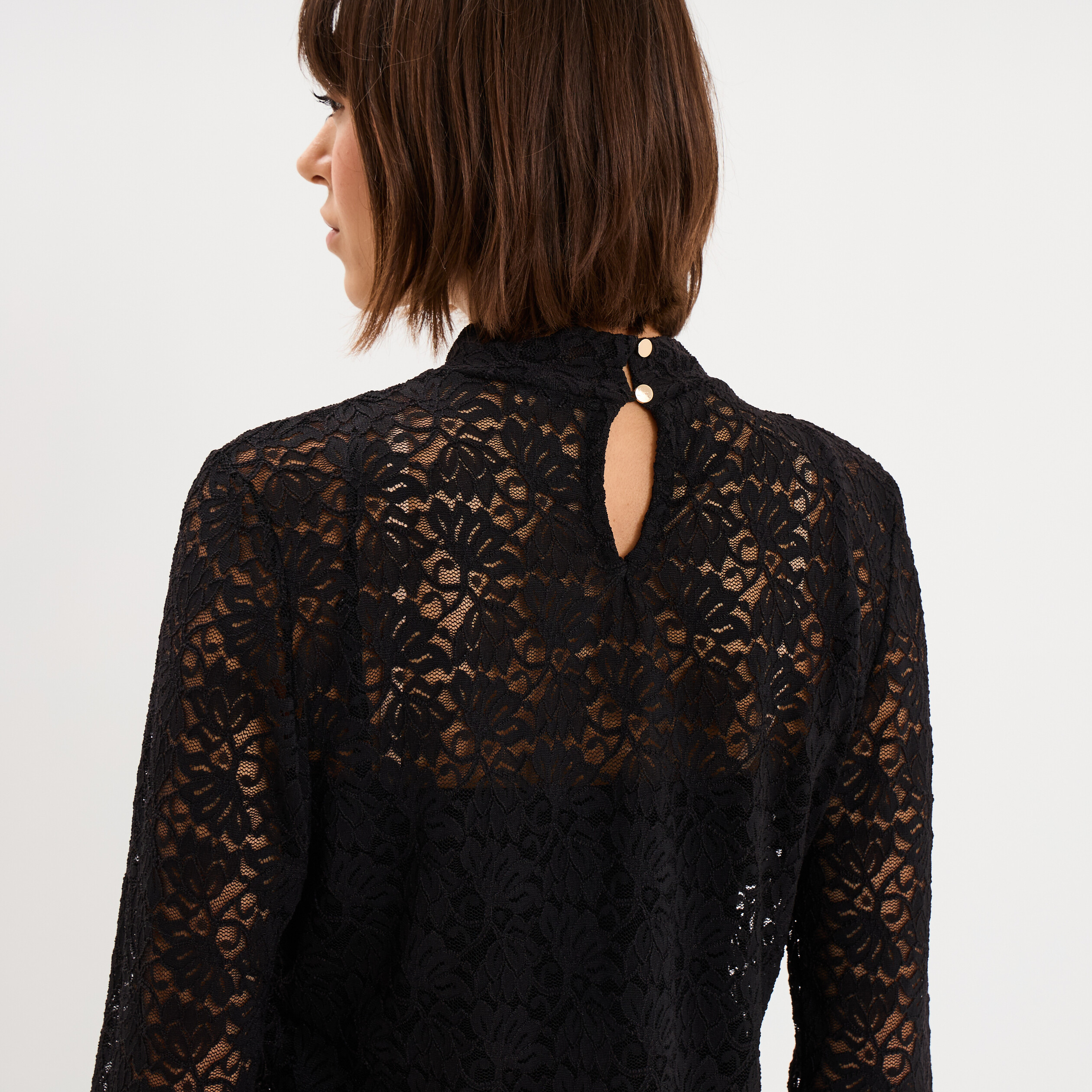 Blouse dentelle col montant noir femme