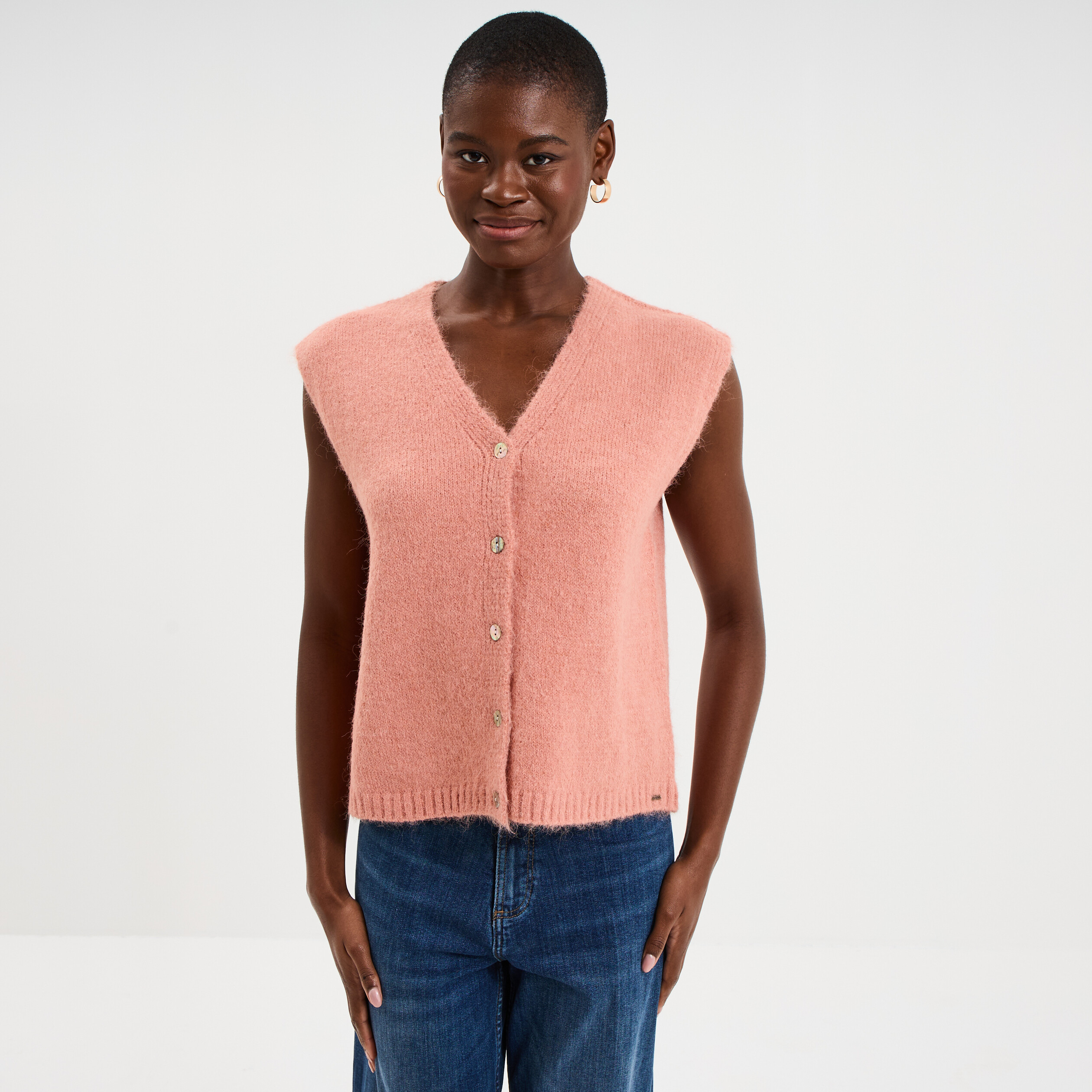 Gilet sans manches col en V rose fushia femme
