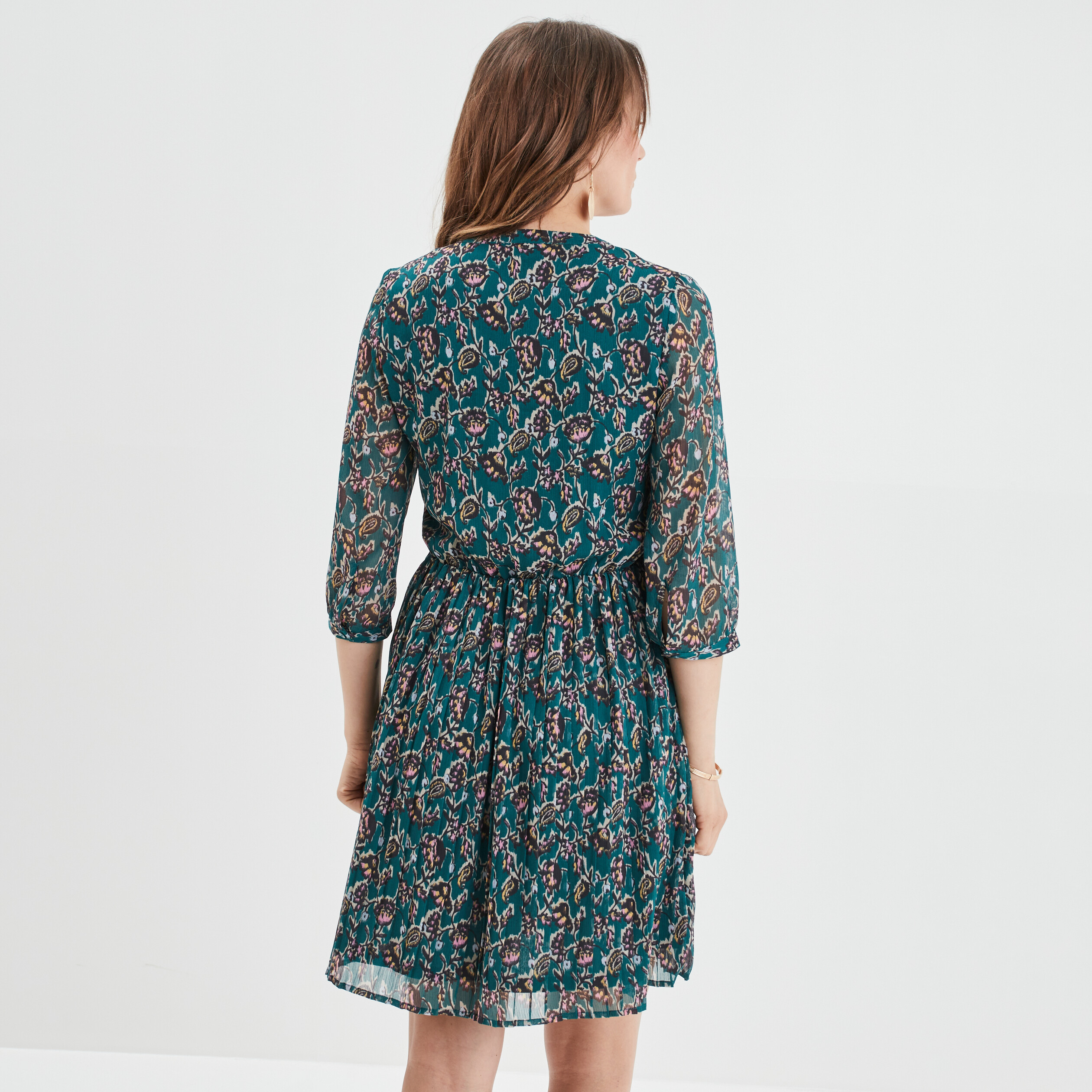 robe evasee bas plisse manches 34 vert fonce femme Robe évasée bas plissé manches 3/4 vert foncé femme