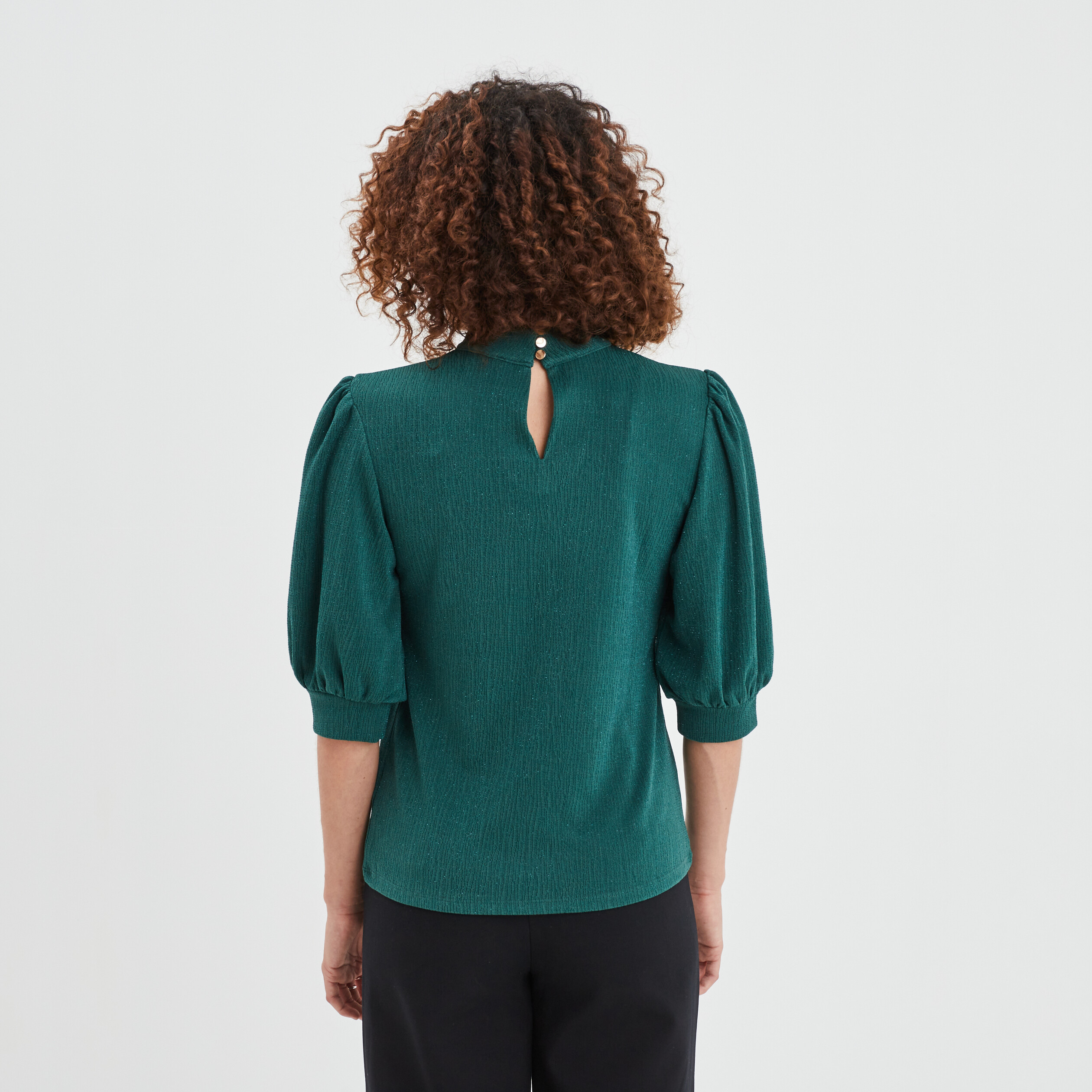 T-shirt col montant manches ballons vert foncé femme