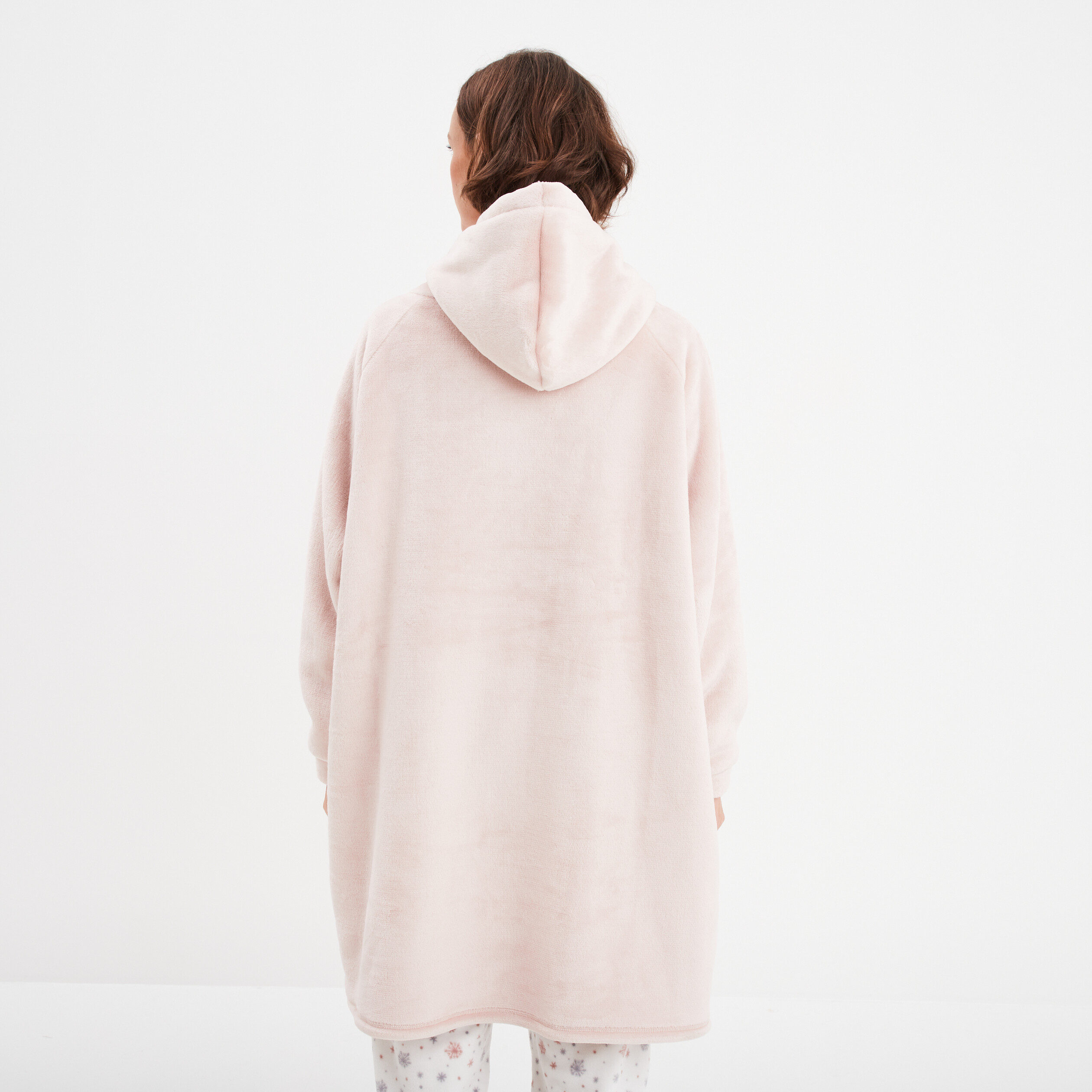 Poncho plaid polaire à capuche vieux rose femme