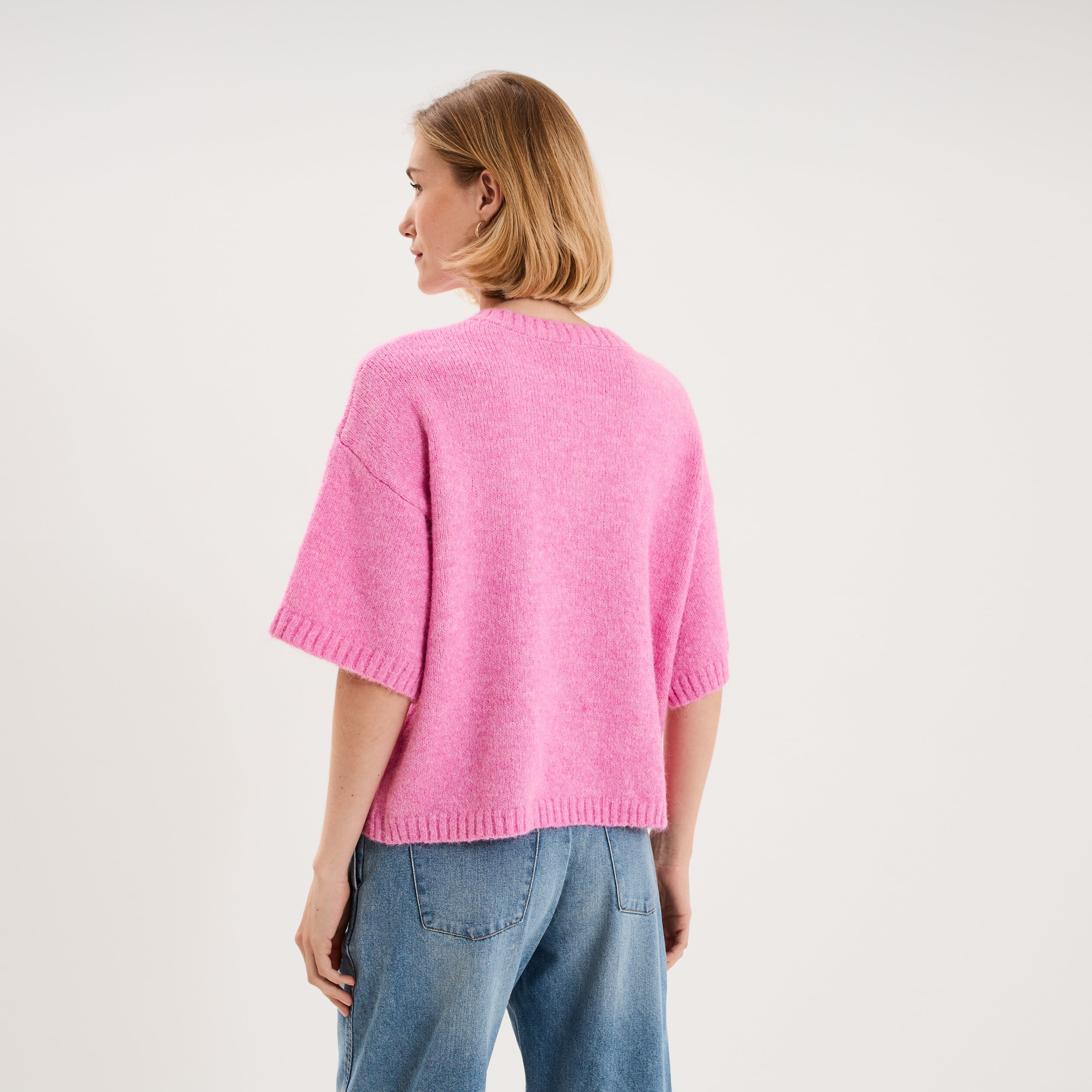 Gilet boutonn&eacute; manches courtes col rond rose femme