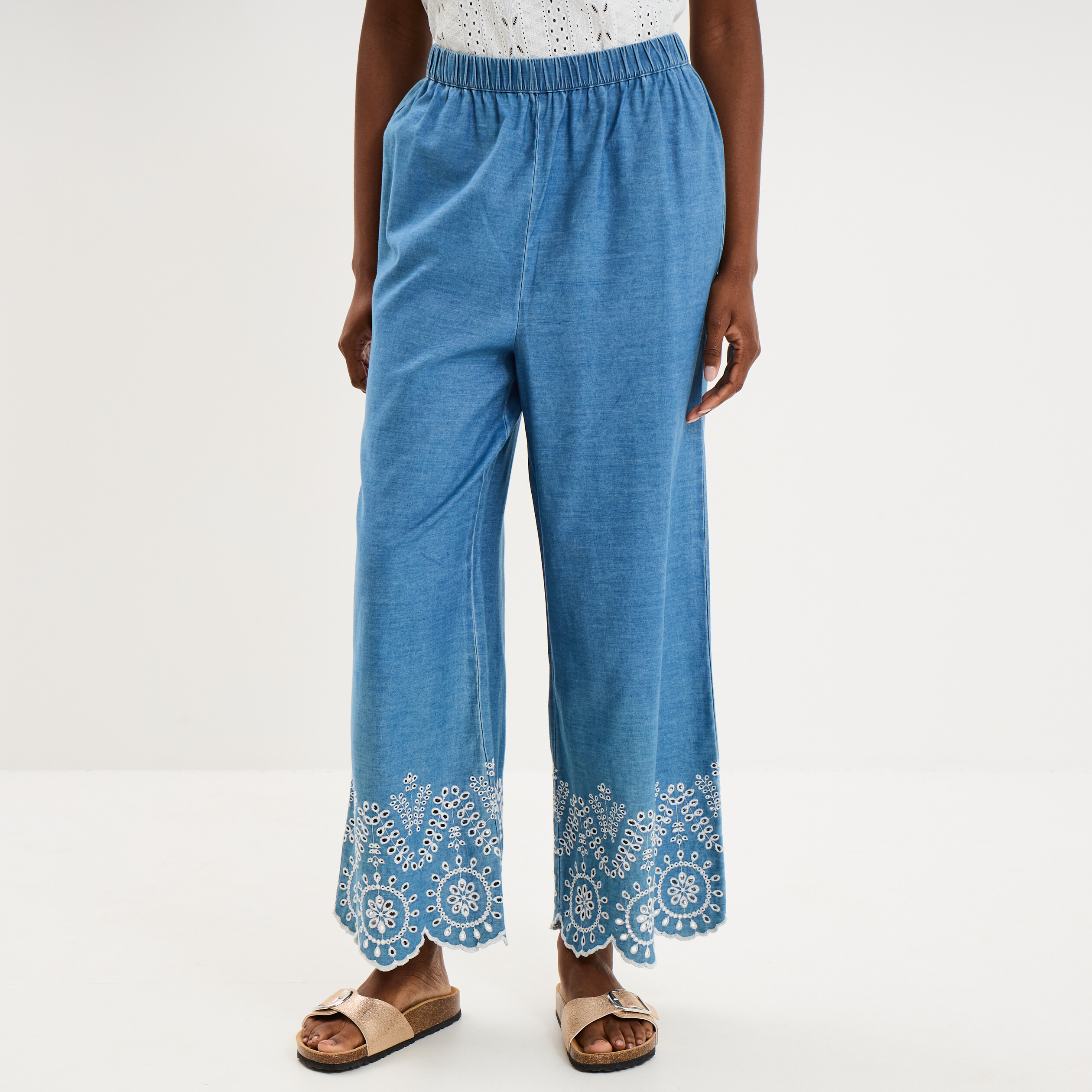 Pantalon avec broderie taille haute denim double stone femme