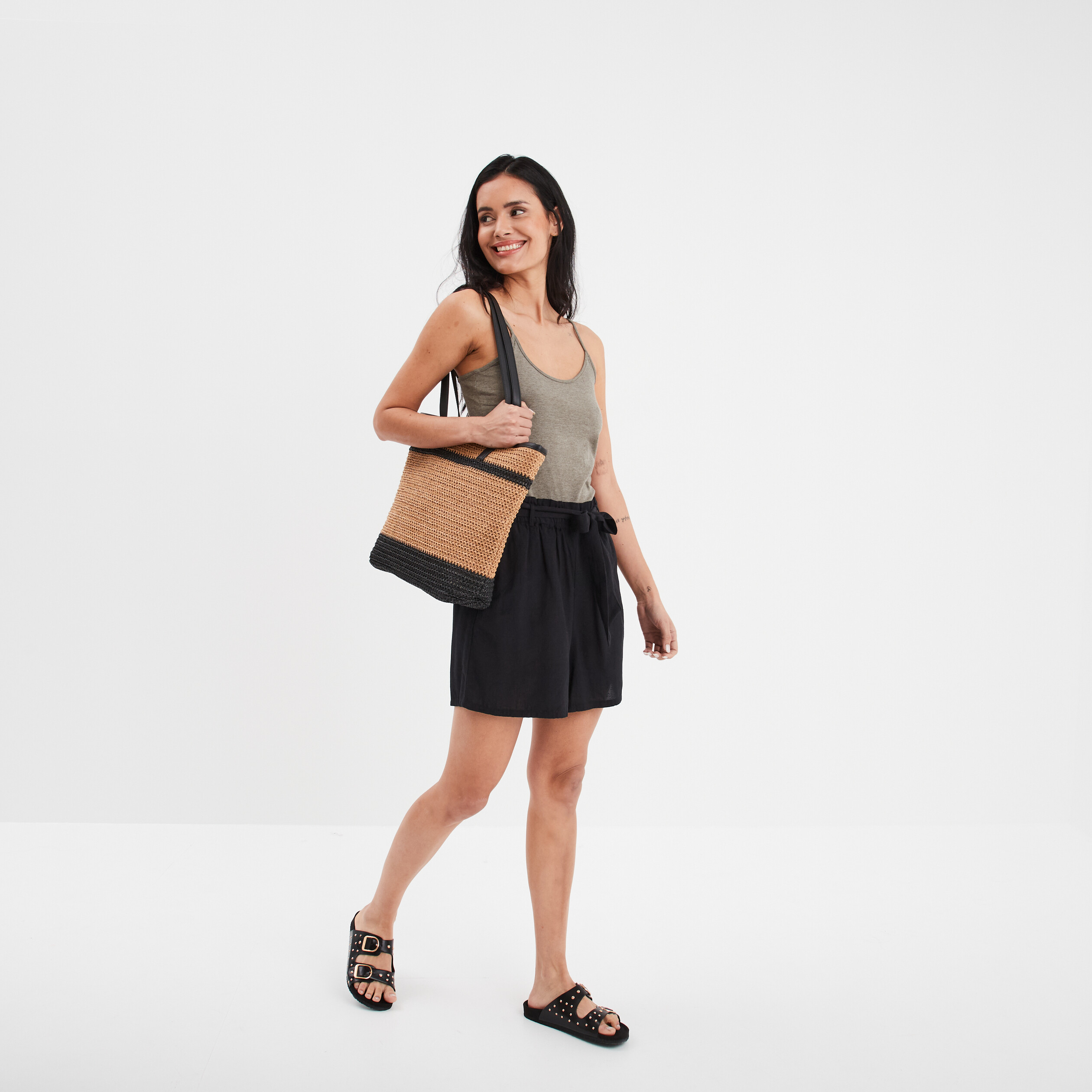 Short paperbag ceintur&eacute; lin m&eacute;lang&eacute; noir femme