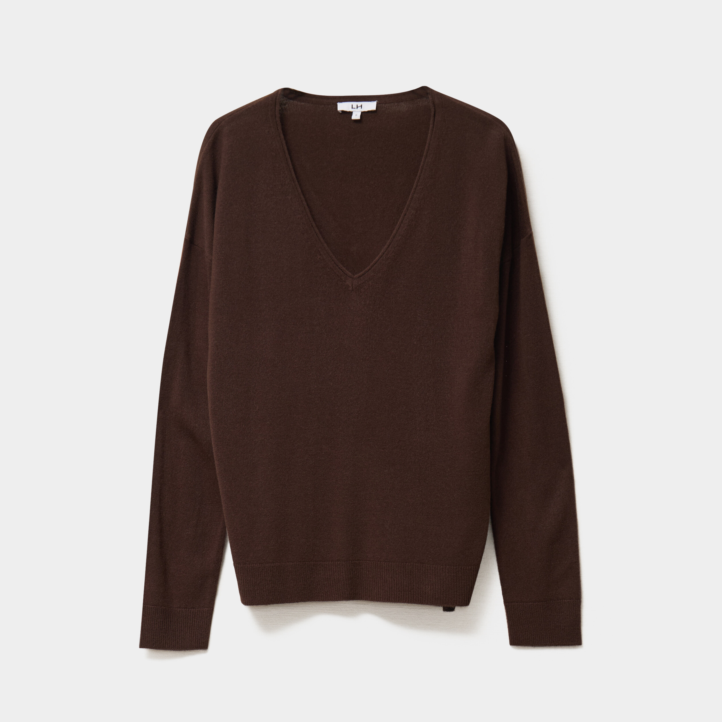 Pull col en V manches longues marron fonc&eacute; femme