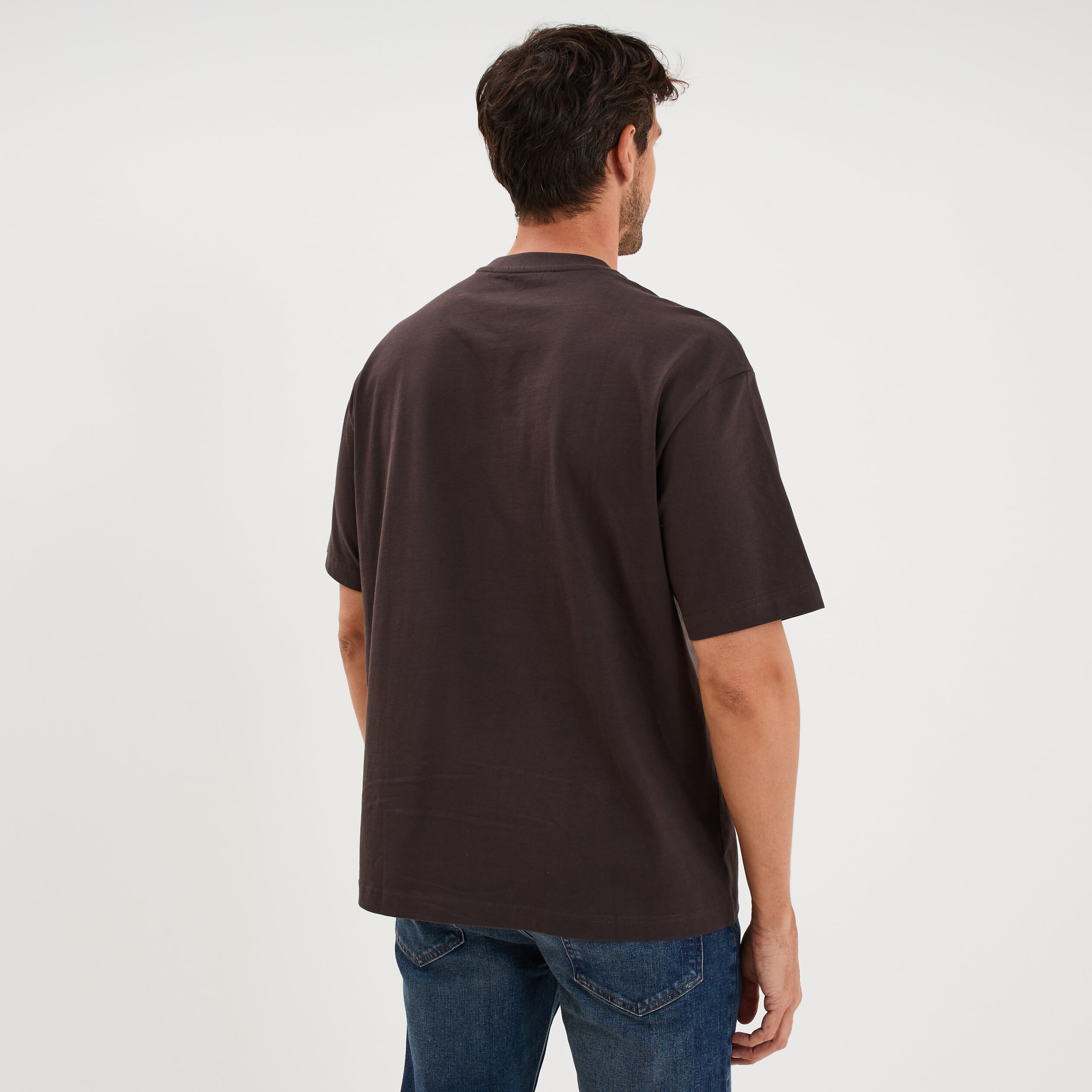 T-shirt col rond coupe relax coton &eacute;pais marron fonc&eacute; homme