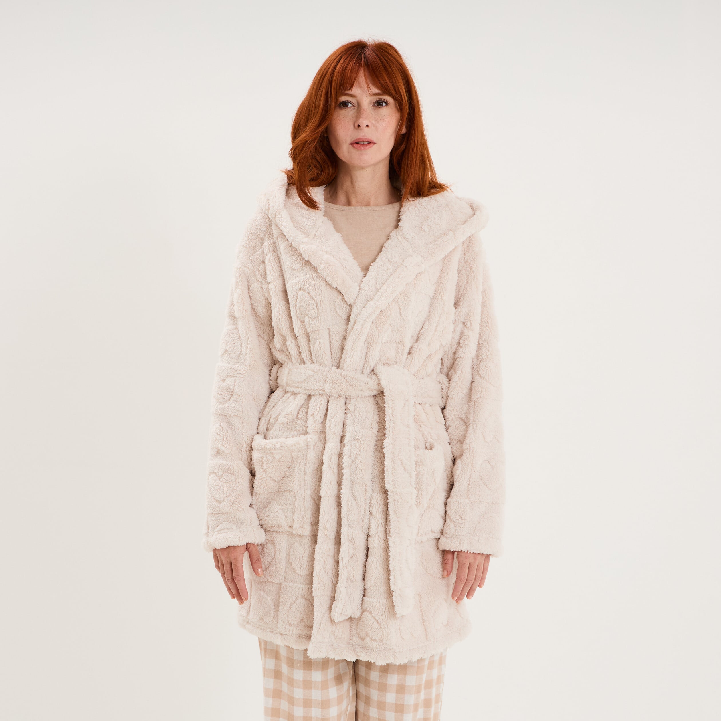 Peignoir court &agrave; capuche molletonn&eacute; blanc femme