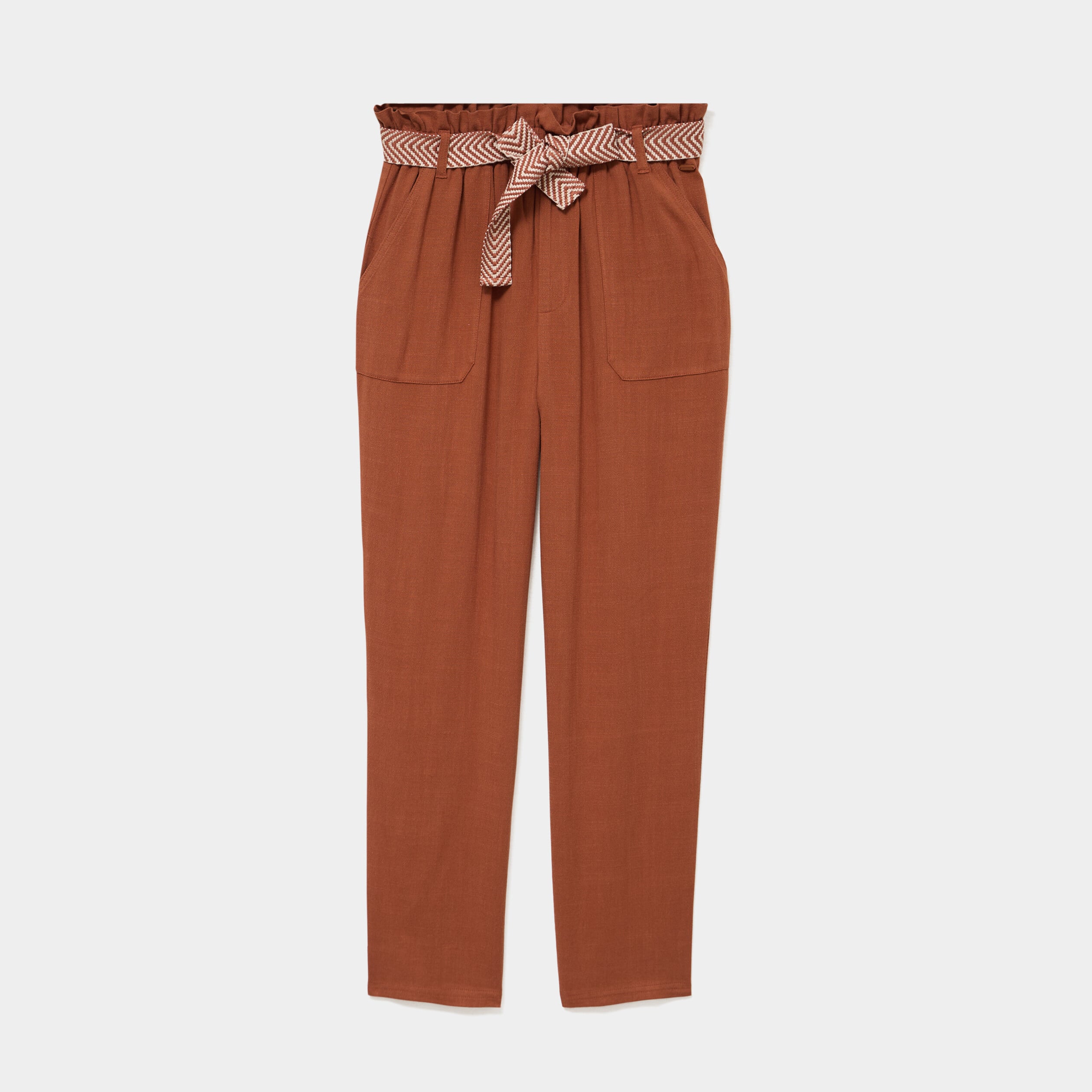 Pantalon paperbag &eacute;lastiqu&eacute; m&eacute;lange lin camel femme