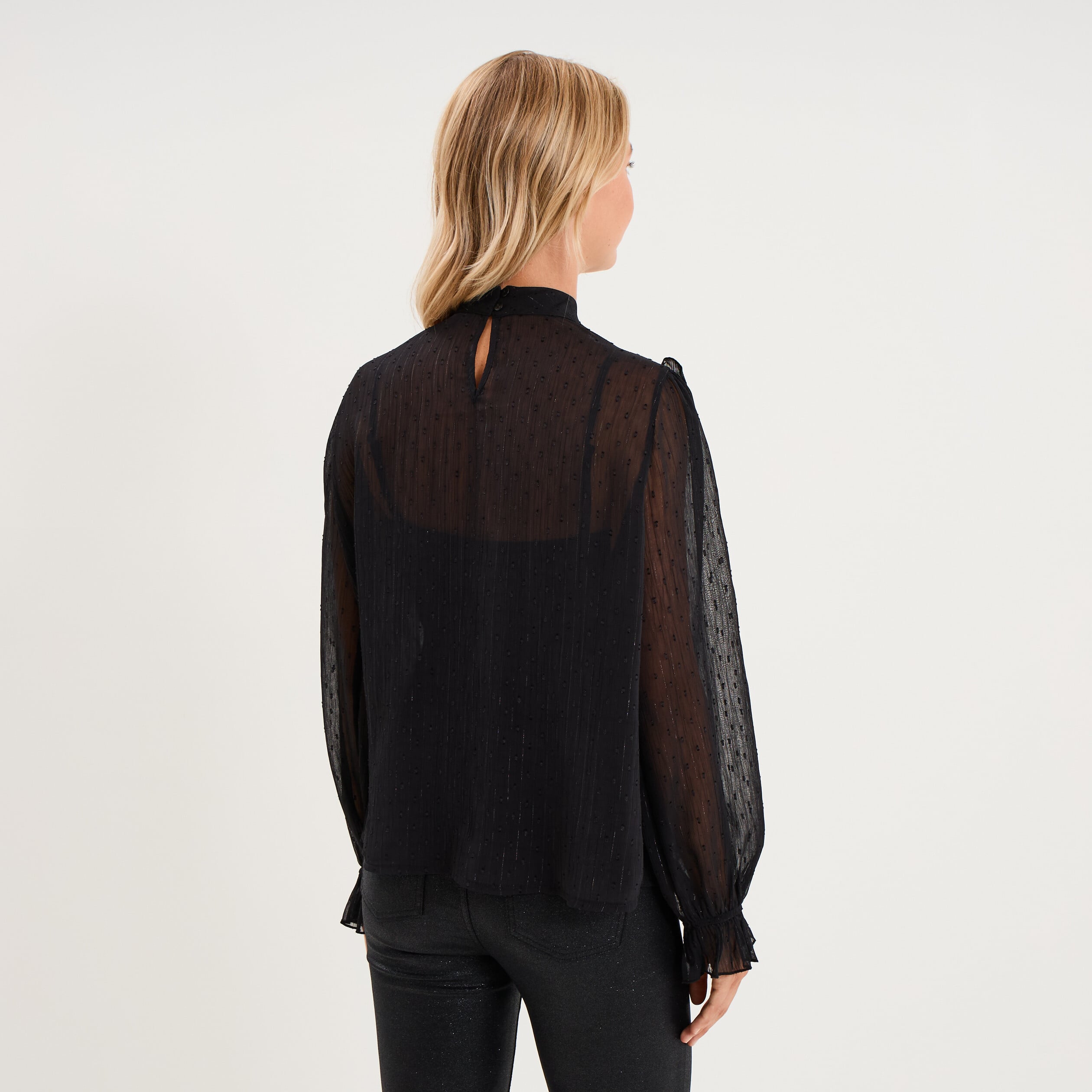 Blouse droite dentelle et volants noir femme
