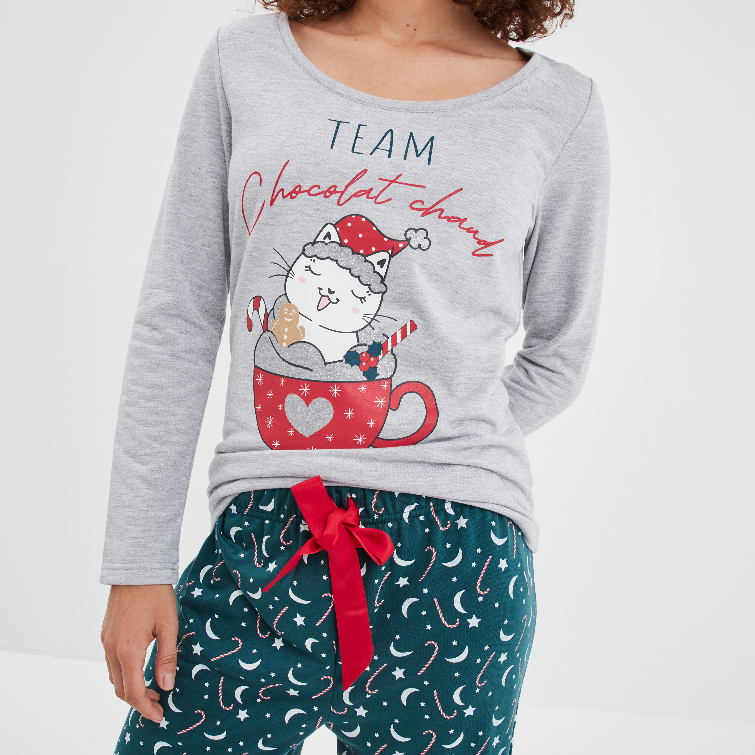 Ensemble pyjama pantalon 2 pièces gris clair femme