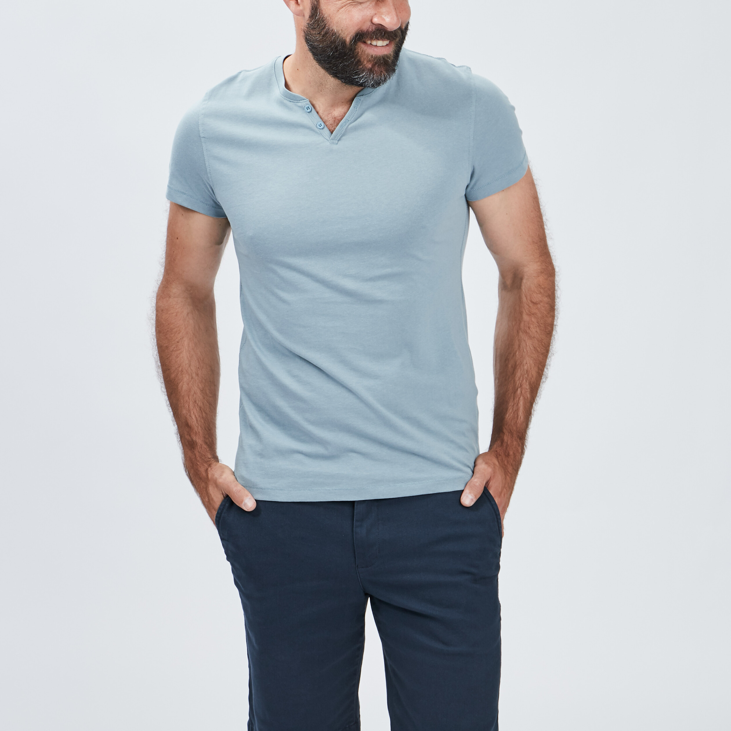 t shirt manches courtes col tunisien bleu gris homme T-shirt manches courtes col tunisien bleu gris homme