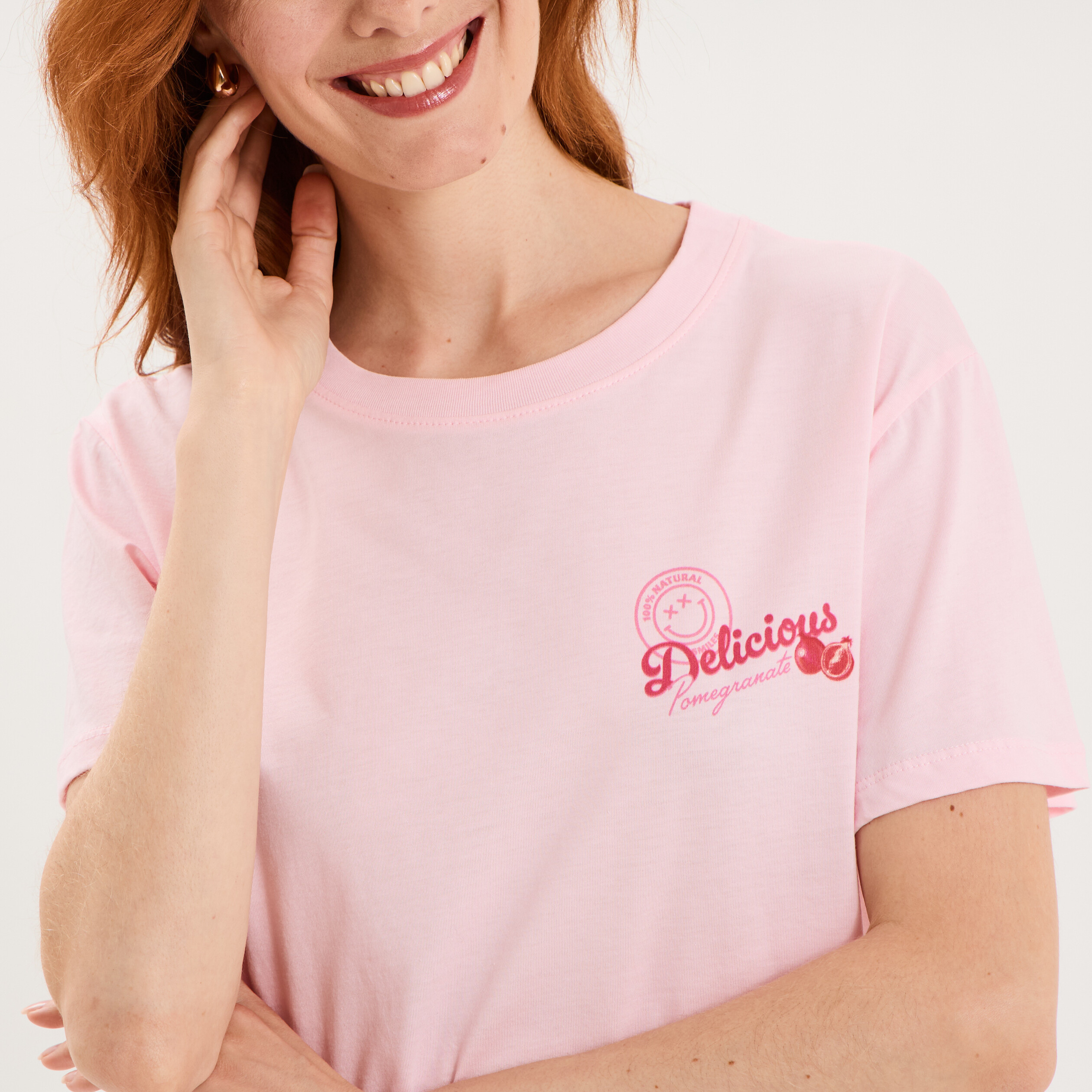 T-shirt col rond coton Smiley World rose femme