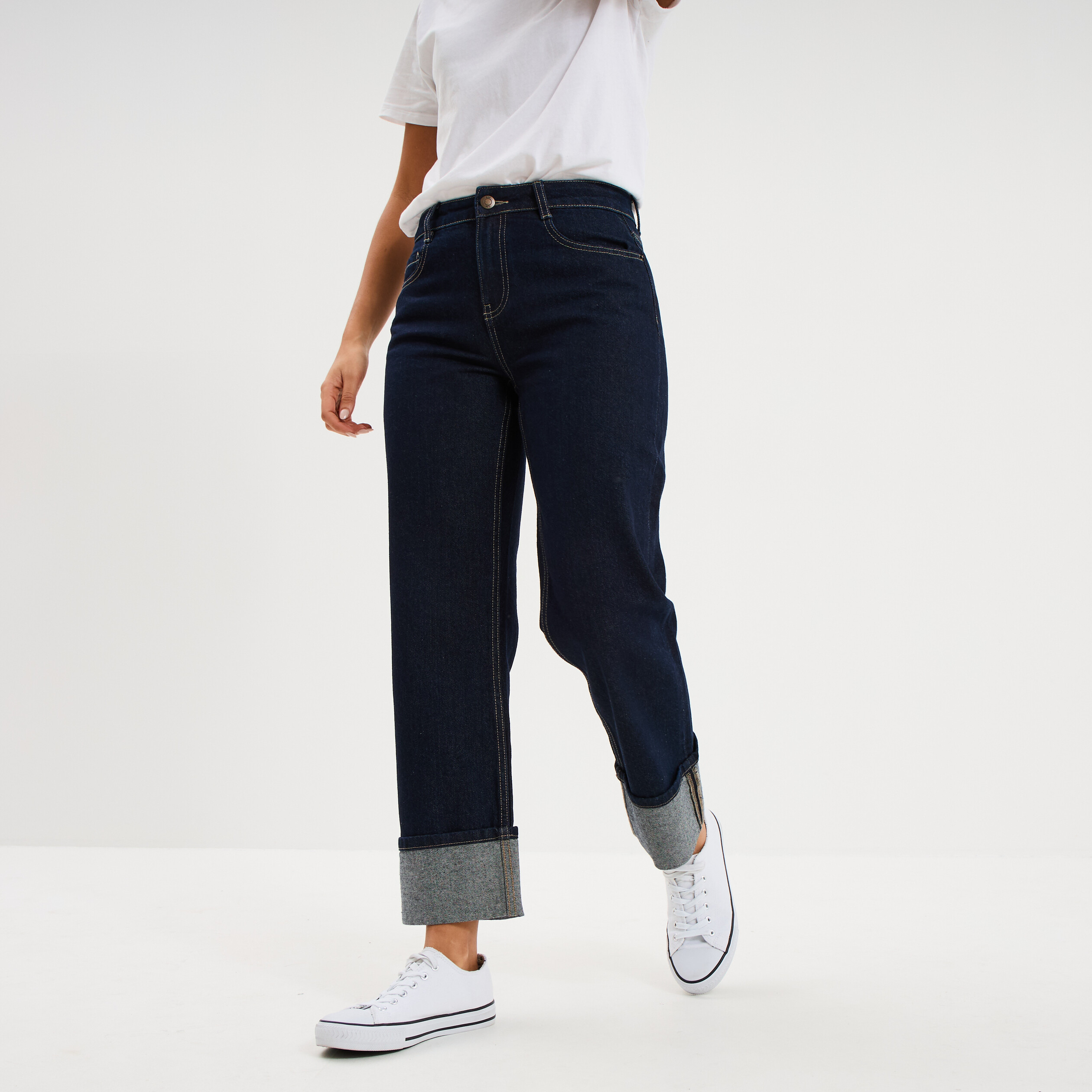 Jean droit cropped bas revers denim brut femme