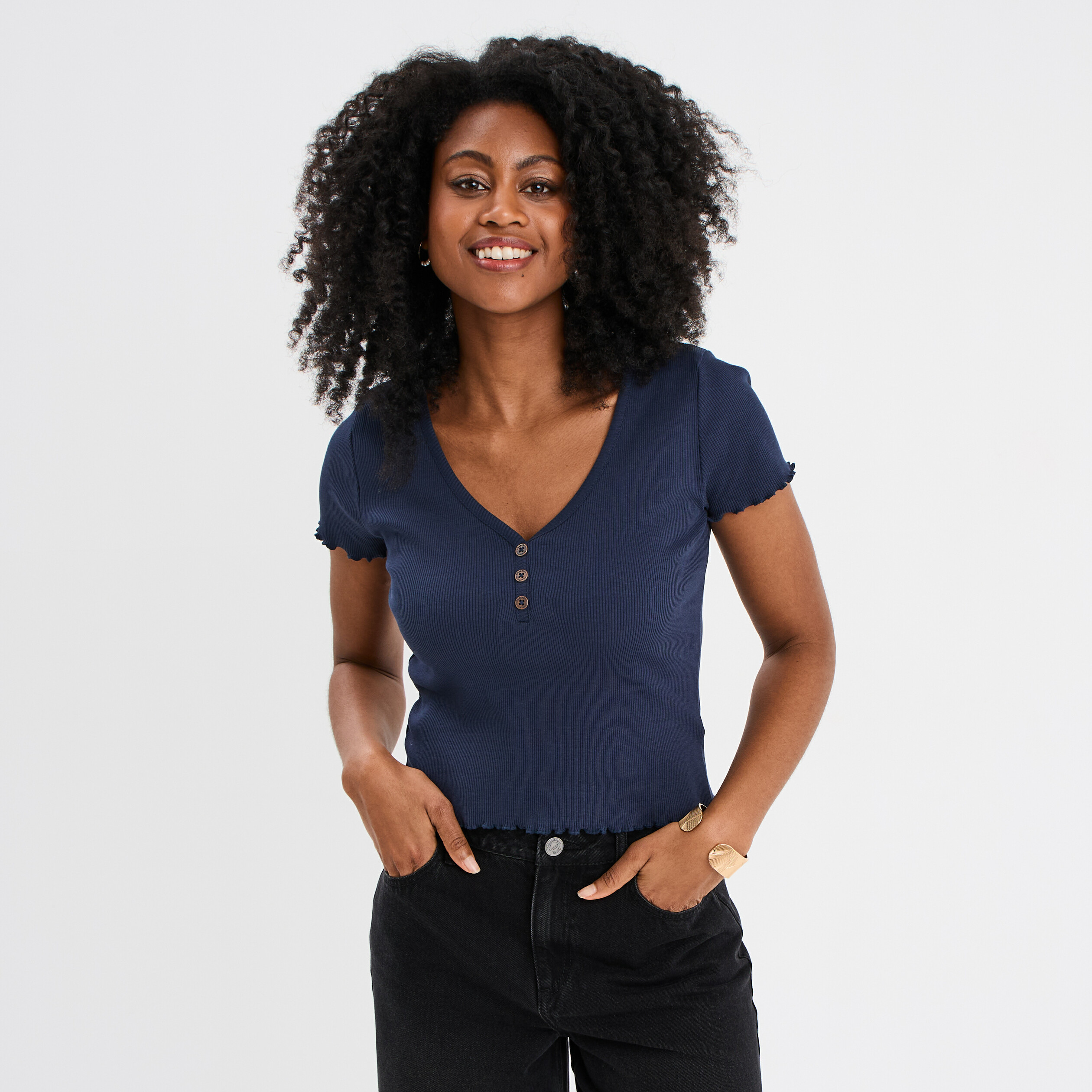 T-shirt court effet côtelé col en V bleu marine femme La Halle