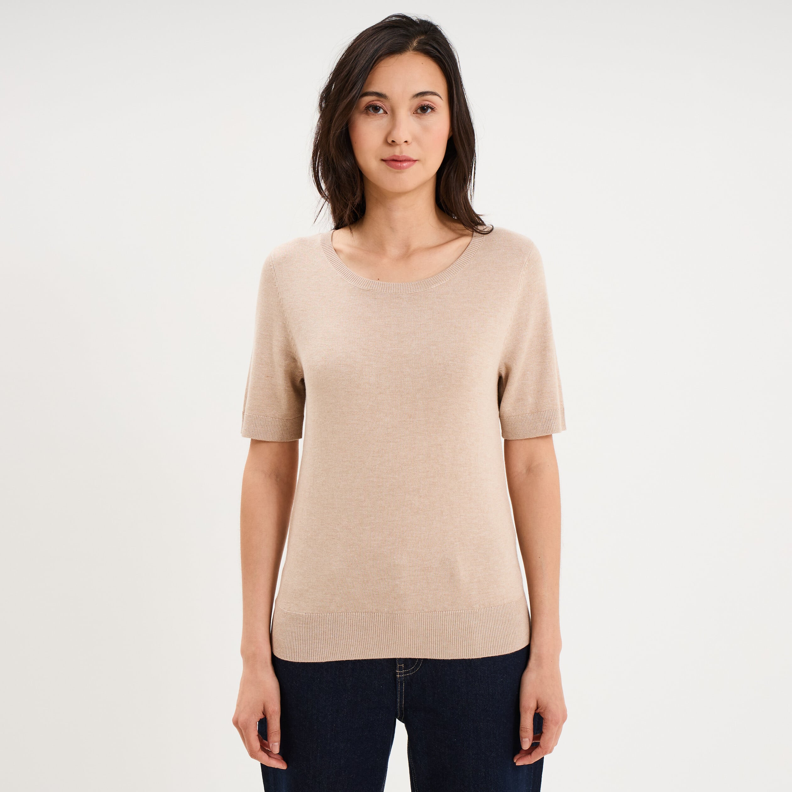 Pull manches courtes col rond beige femme