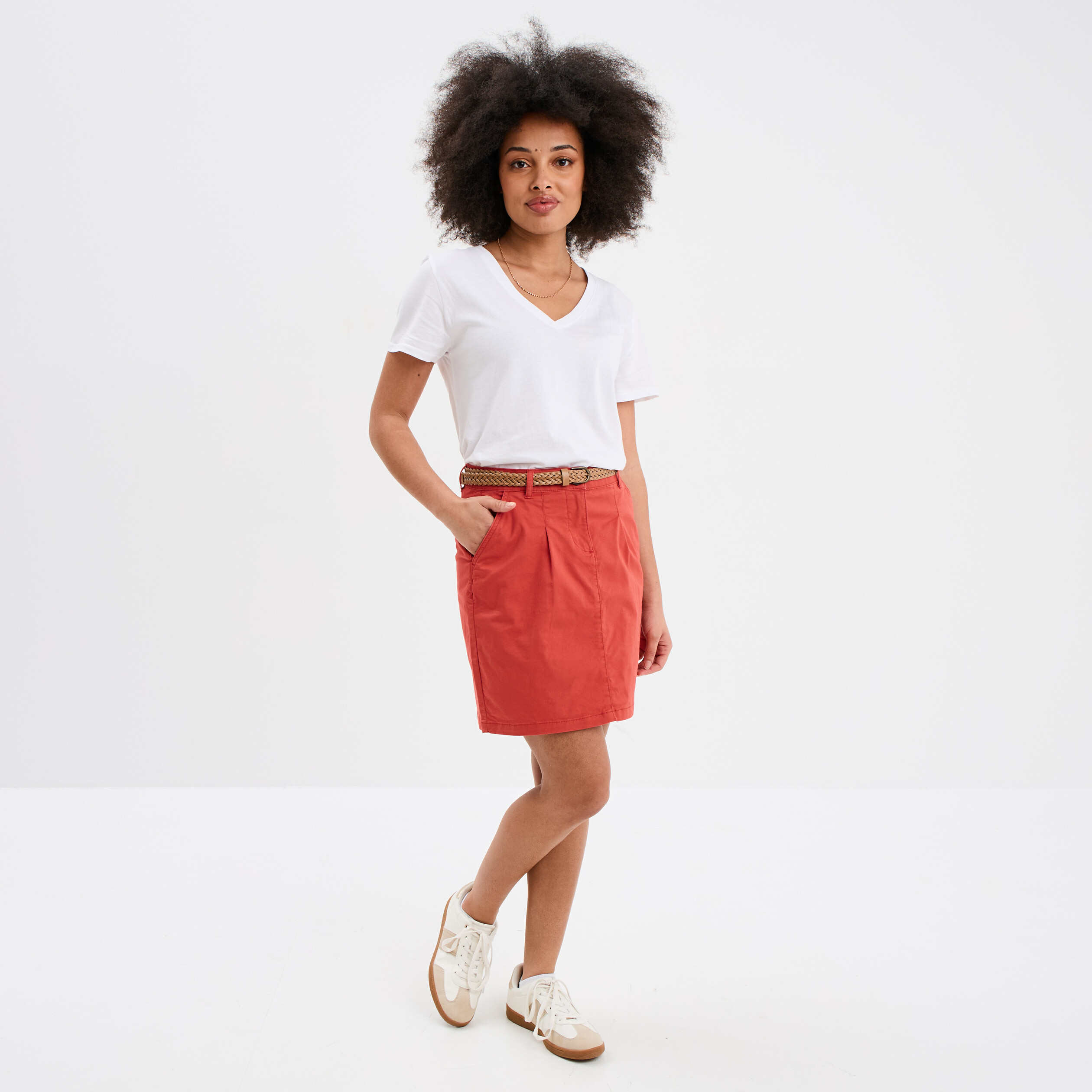 jupe chino droite ceinture tressee rouge corail femme Jupe chino droite ceinture tressée rouge corail femme