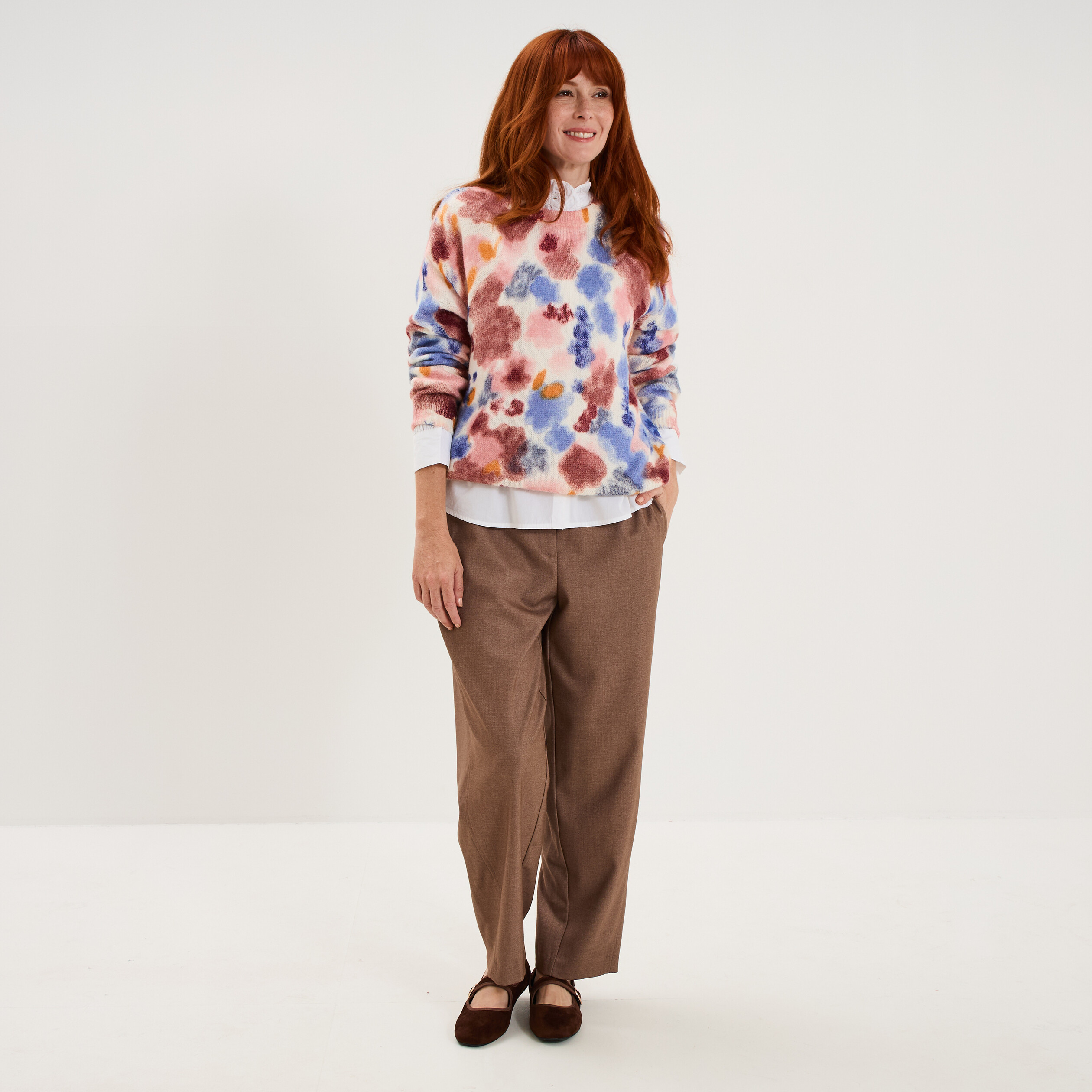 Pull col rond manches longues relax rose framboise femme