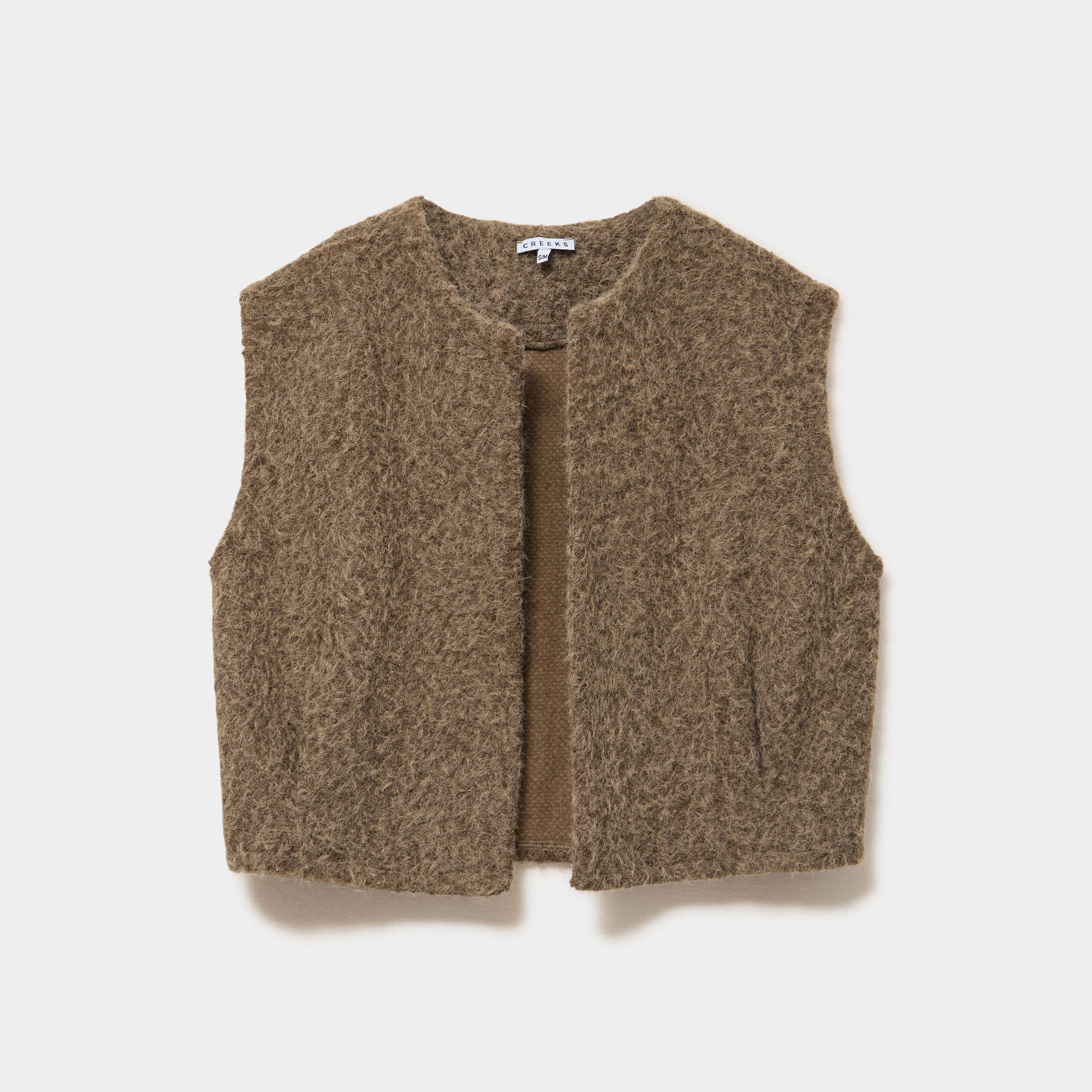 Veste sans manches effet bouclette vert kaki femme