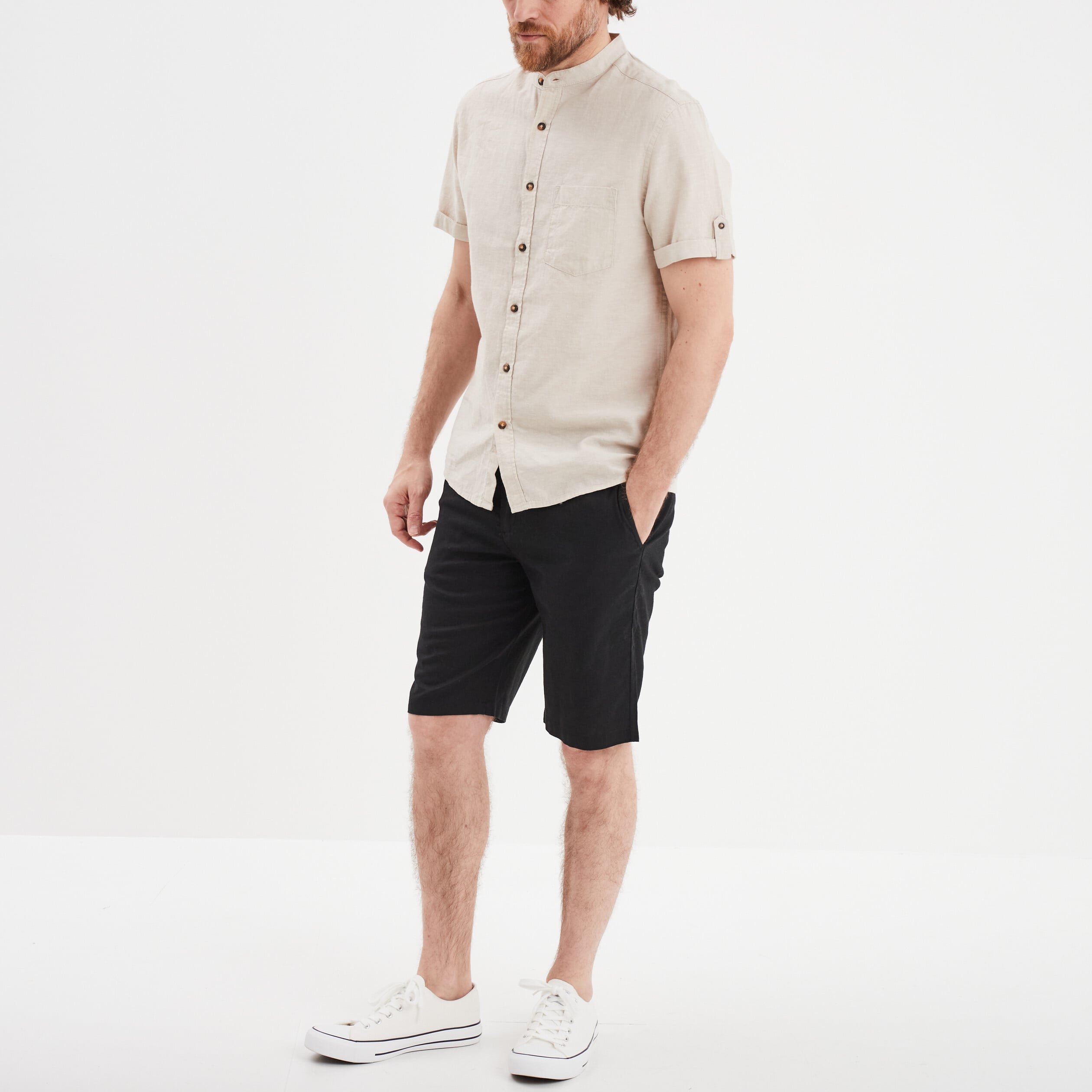 Chemise col mao lin m&eacute;lang&eacute; gris clair homme