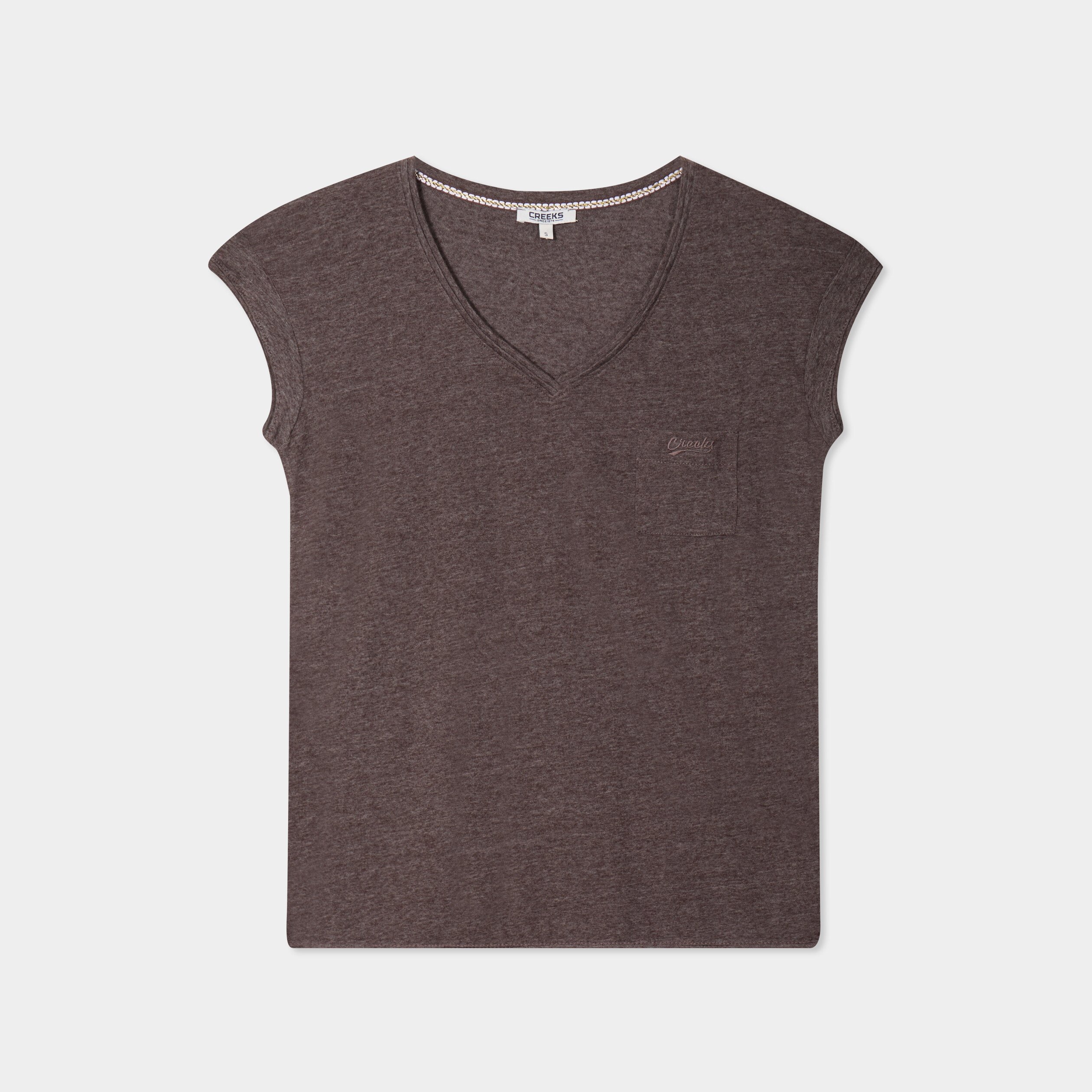 t shirt col v poche poitrine creeks marron fonce femme T-shirt col v poche poitrine Creeks marron foncé femme