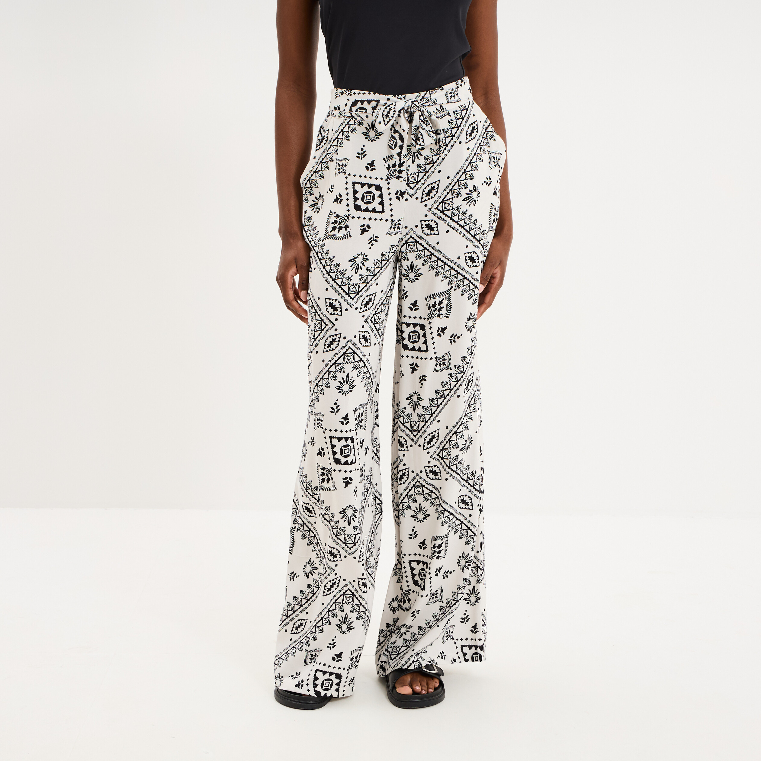 Pantalon large taille &eacute;lastiqu&eacute;e blanc femme