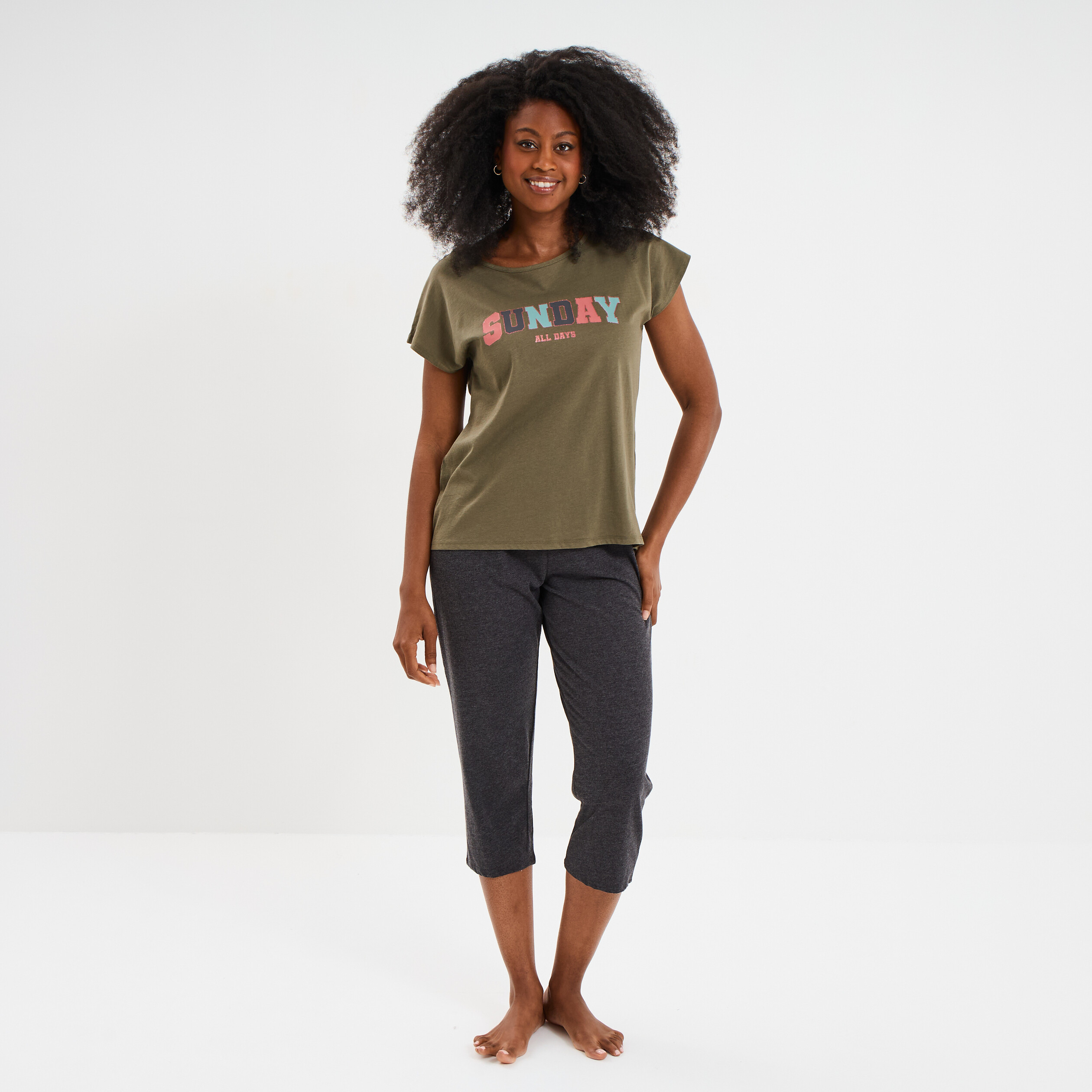 Ensemble pyjama corsaire t-shirt coton vert kaki femme