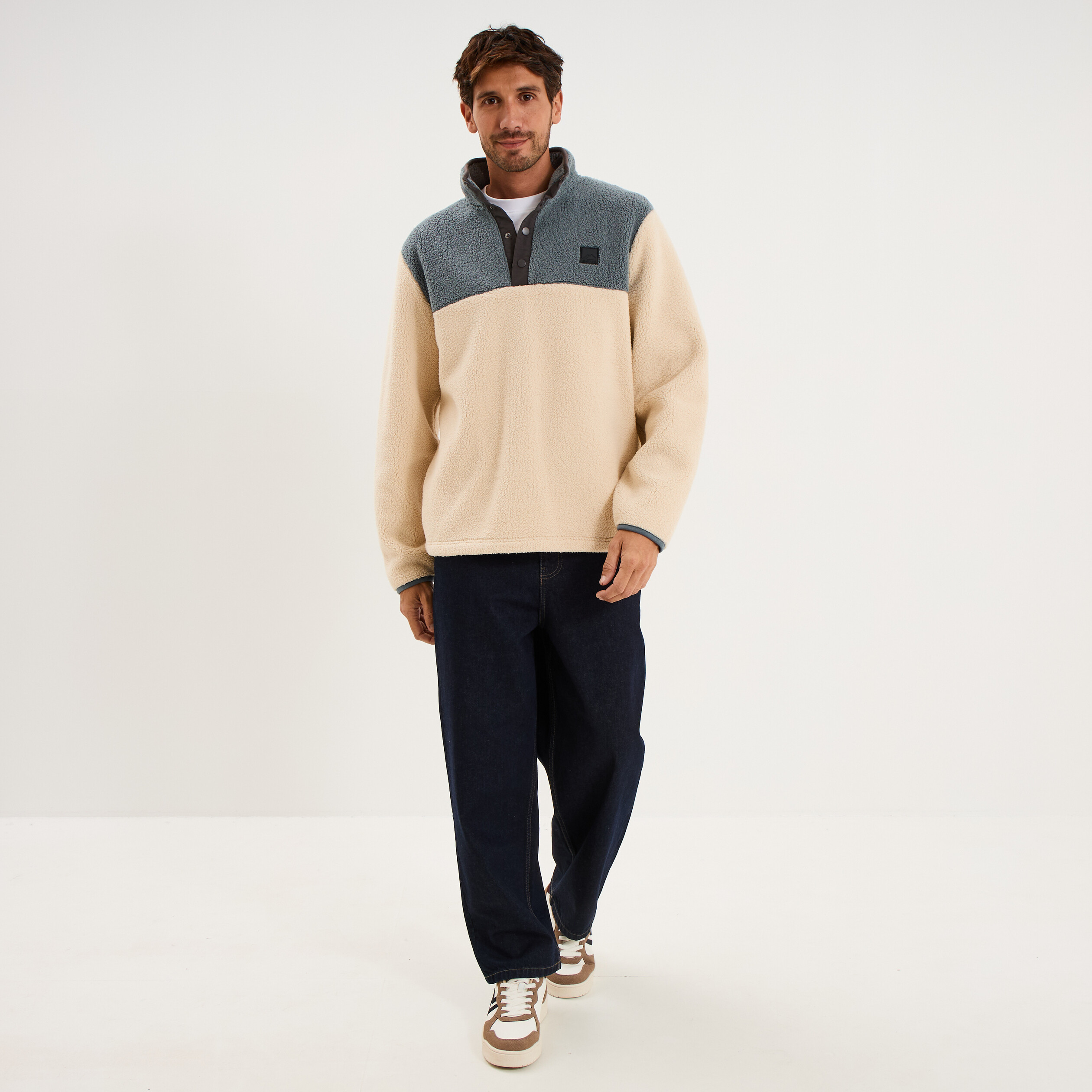 Sweat polaire col camionneur boutons ecru homme