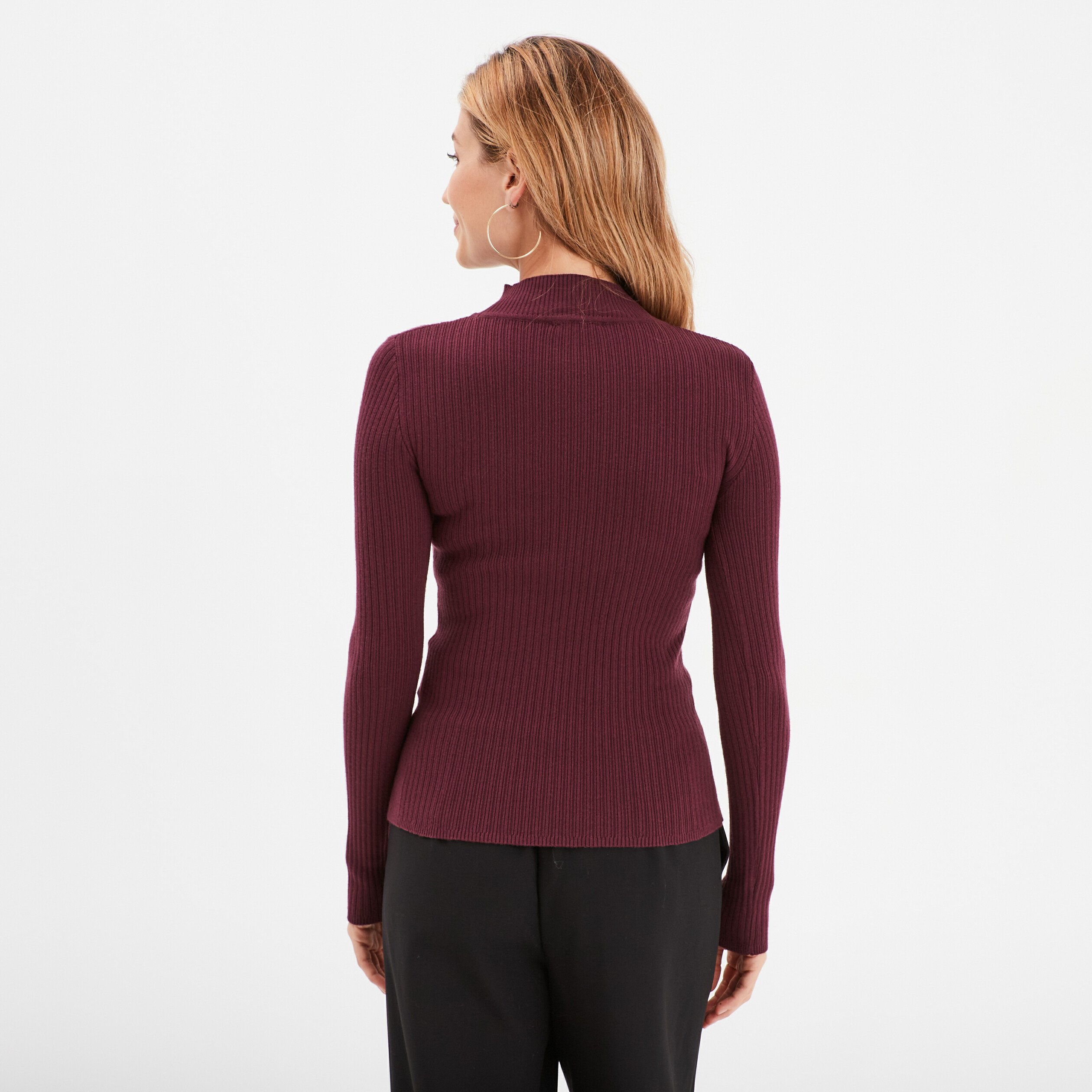 pull ajuste cotele col montant prune femme Pull ajusté côtelé col montant prune femme