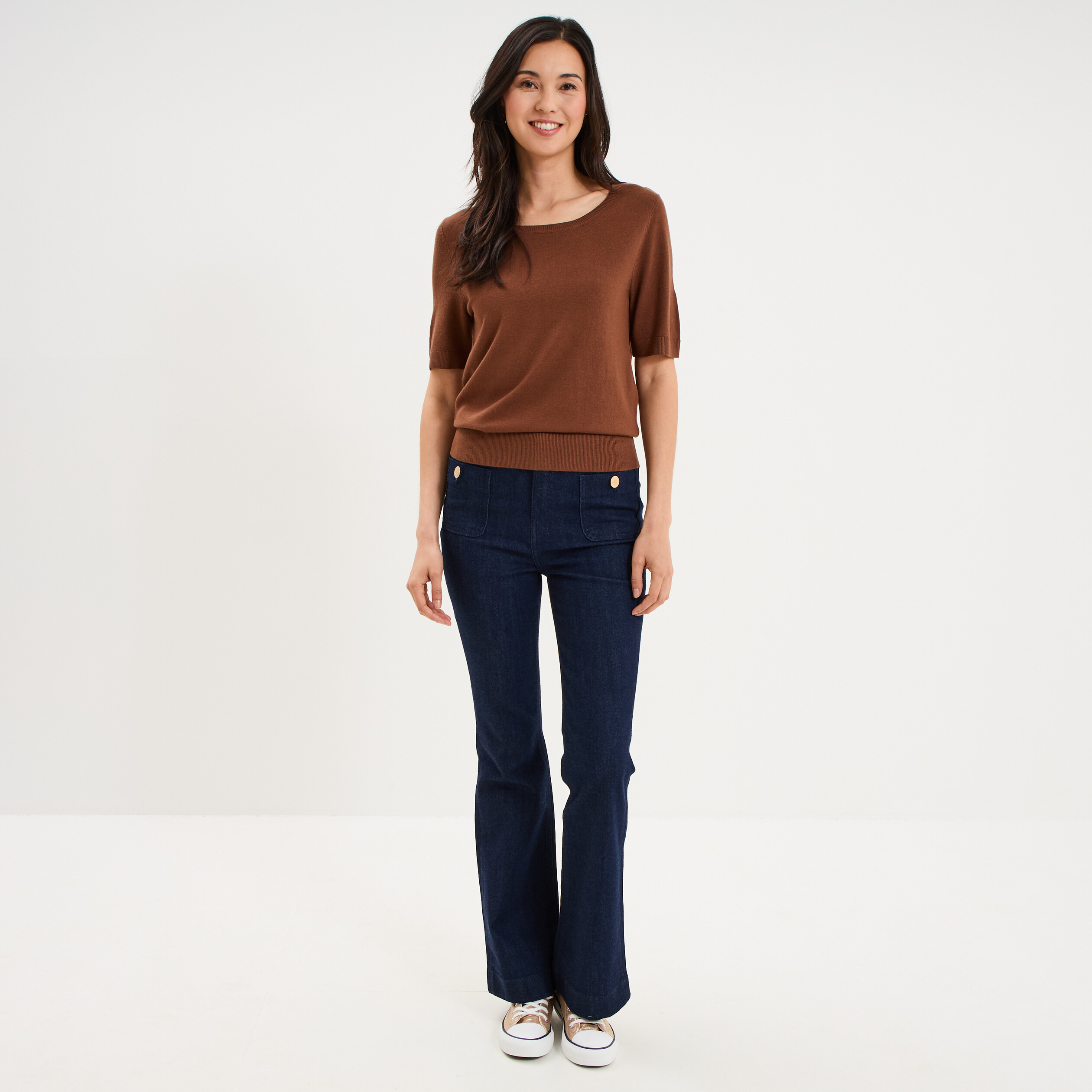 Pull manches courtes col rond marron fonc&eacute; femme