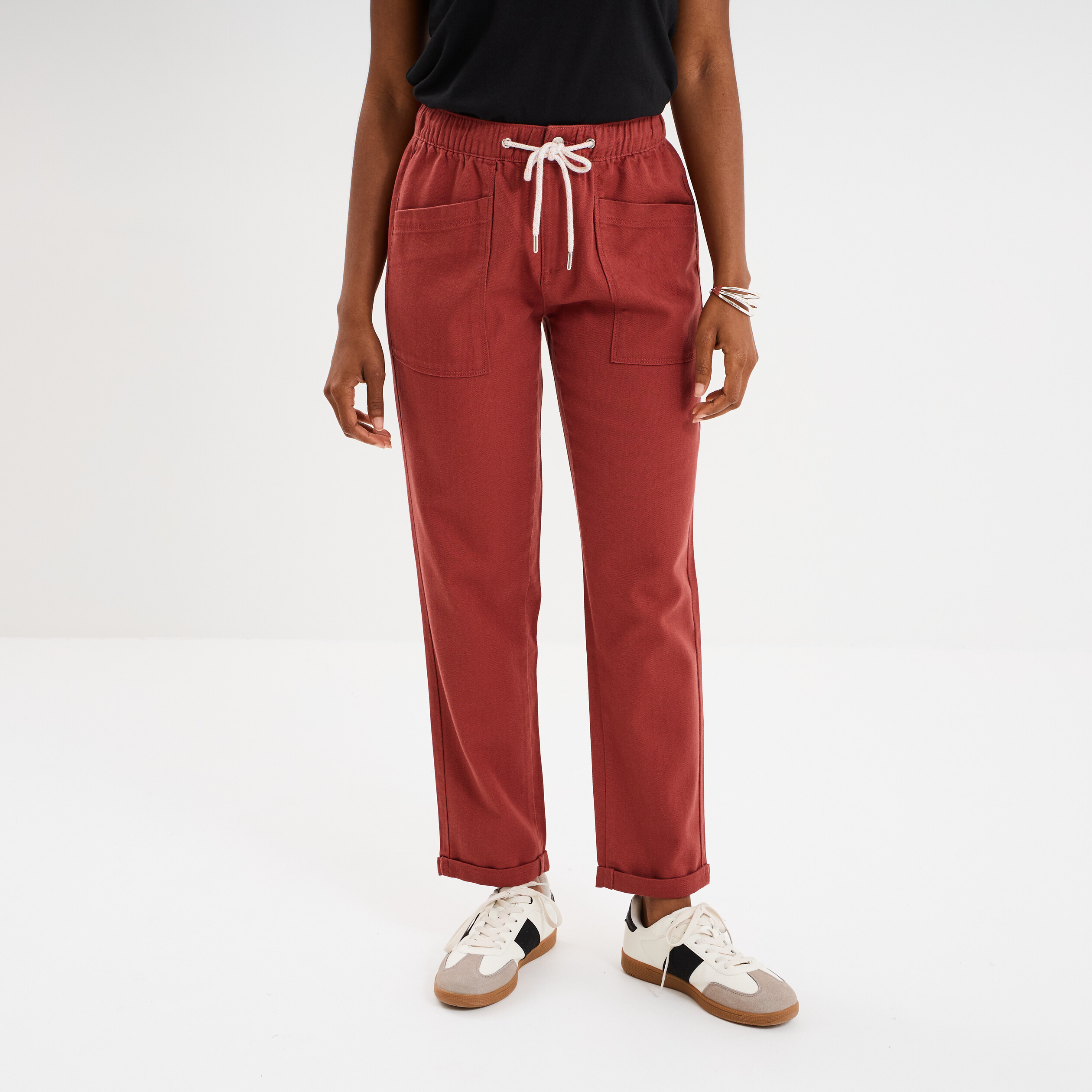 Pantalon droit taille élastiquée rouge foncé femme