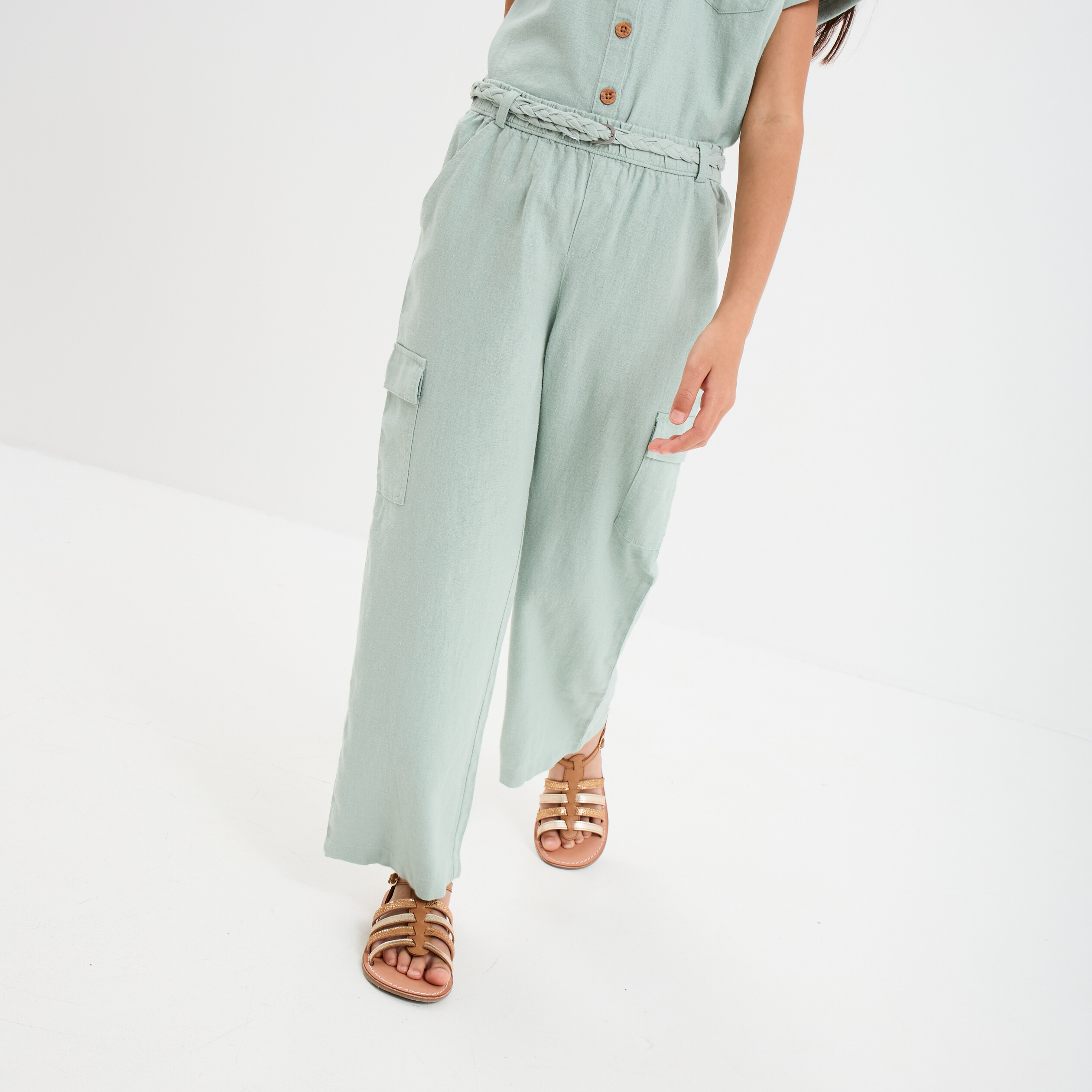 Pantalon large lin m&eacute;lang&eacute; ceintur&eacute; vert pastel fille