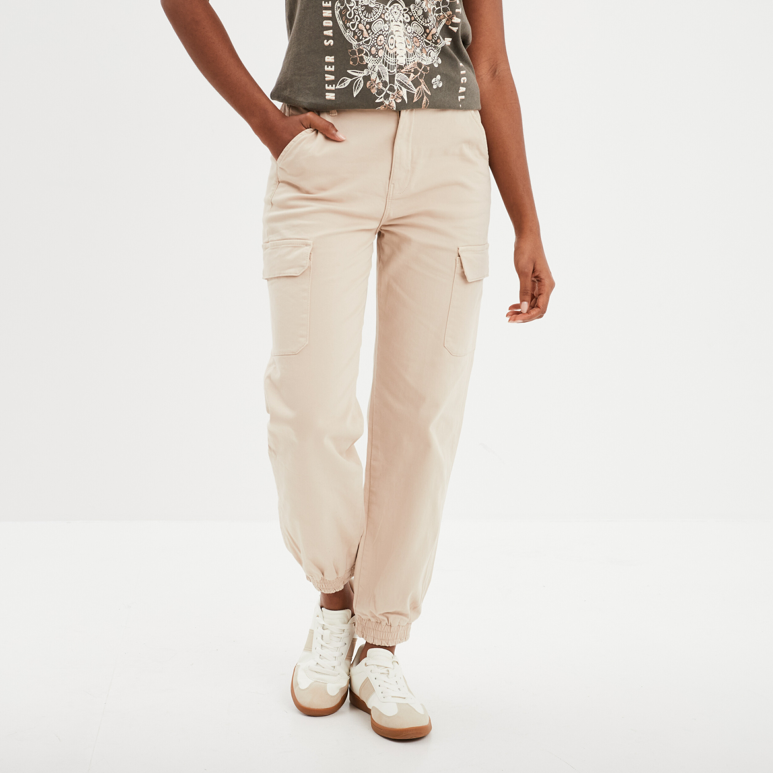 Pantalon cargo taille haute ajustable beige femme