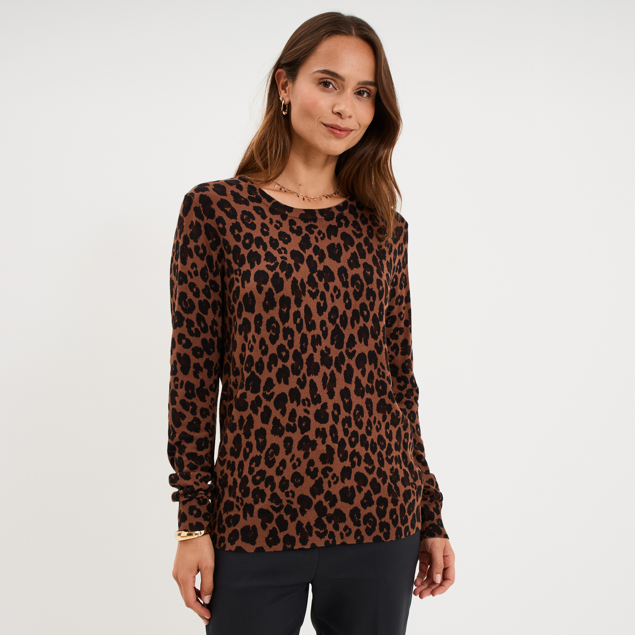 Pull col rond manches longues marron chocolat femme