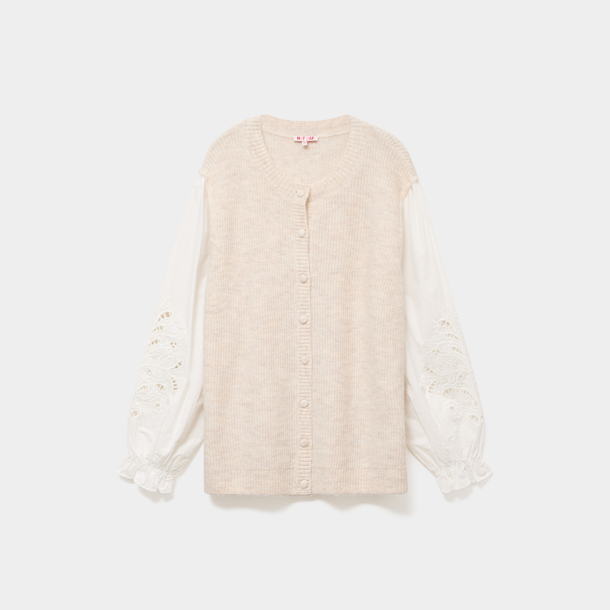 Gilet effet 2-en-1 manches brod&eacute;es beige femme grande taille