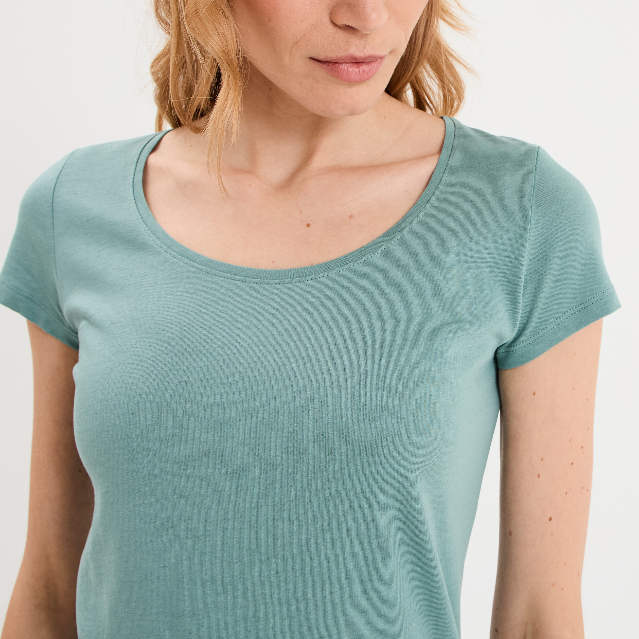 T-shirt coton col rond manches courtes bleu gris femme