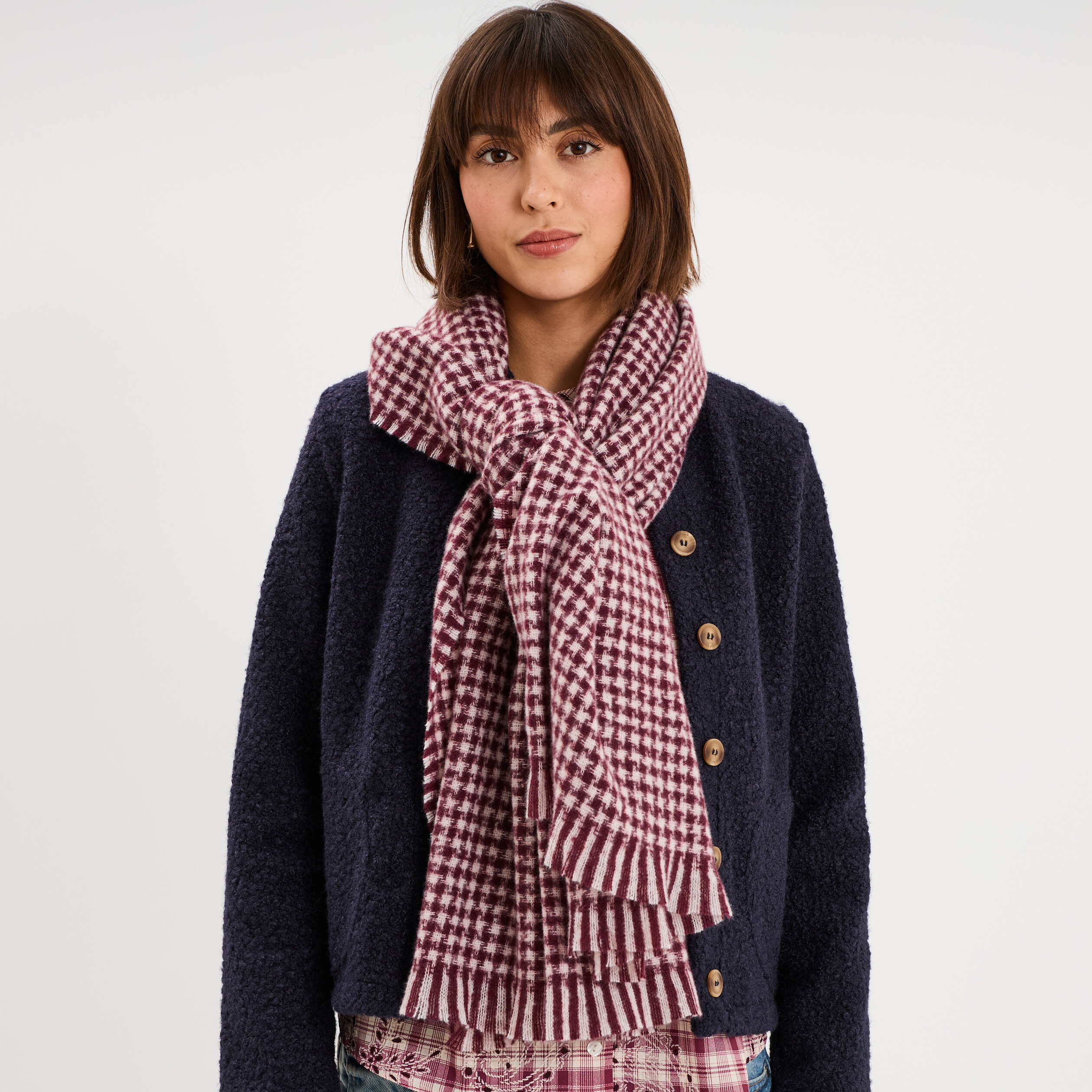 &Eacute;charpe &agrave; franges fines bordeaux femme