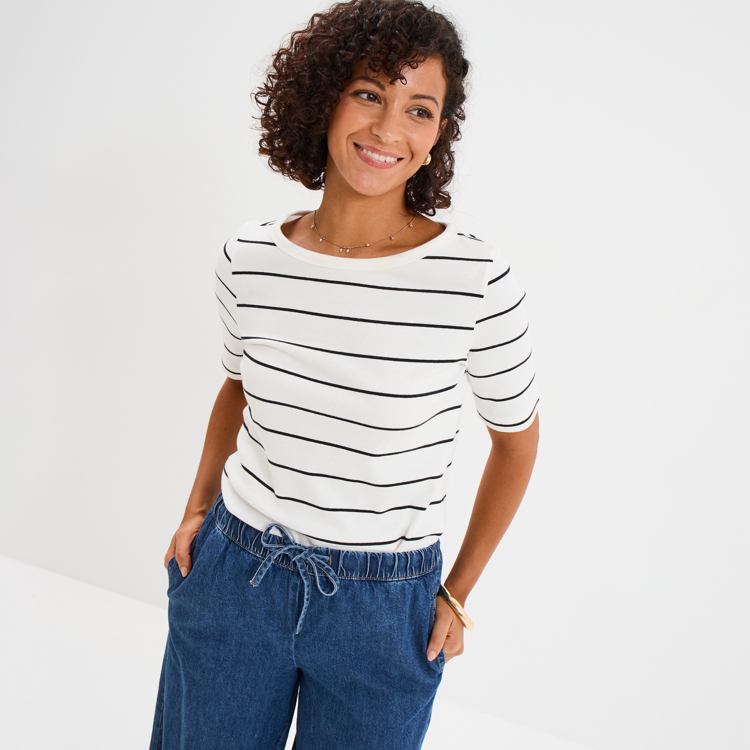 T-shirt col rond manches courtes coton ecru femme