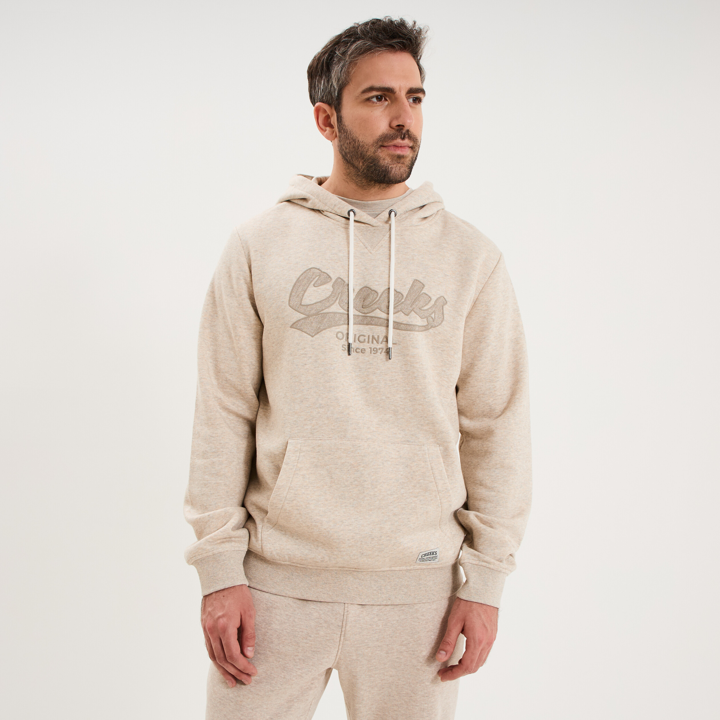 Sweat hoodie 1 poche manches longues beige homme