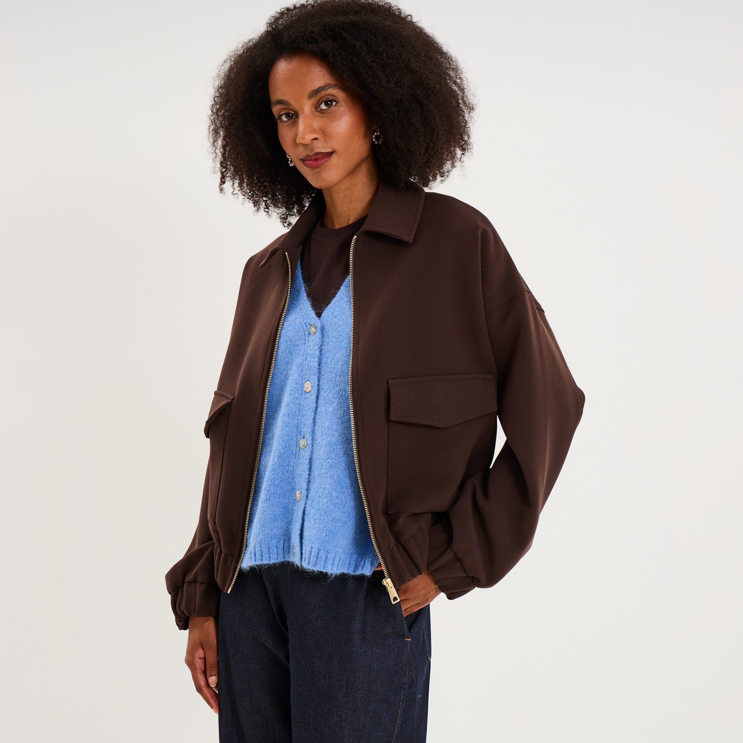 Blouson bo&icirc;te zipp&eacute; poches cargo marron fonc&eacute; femme